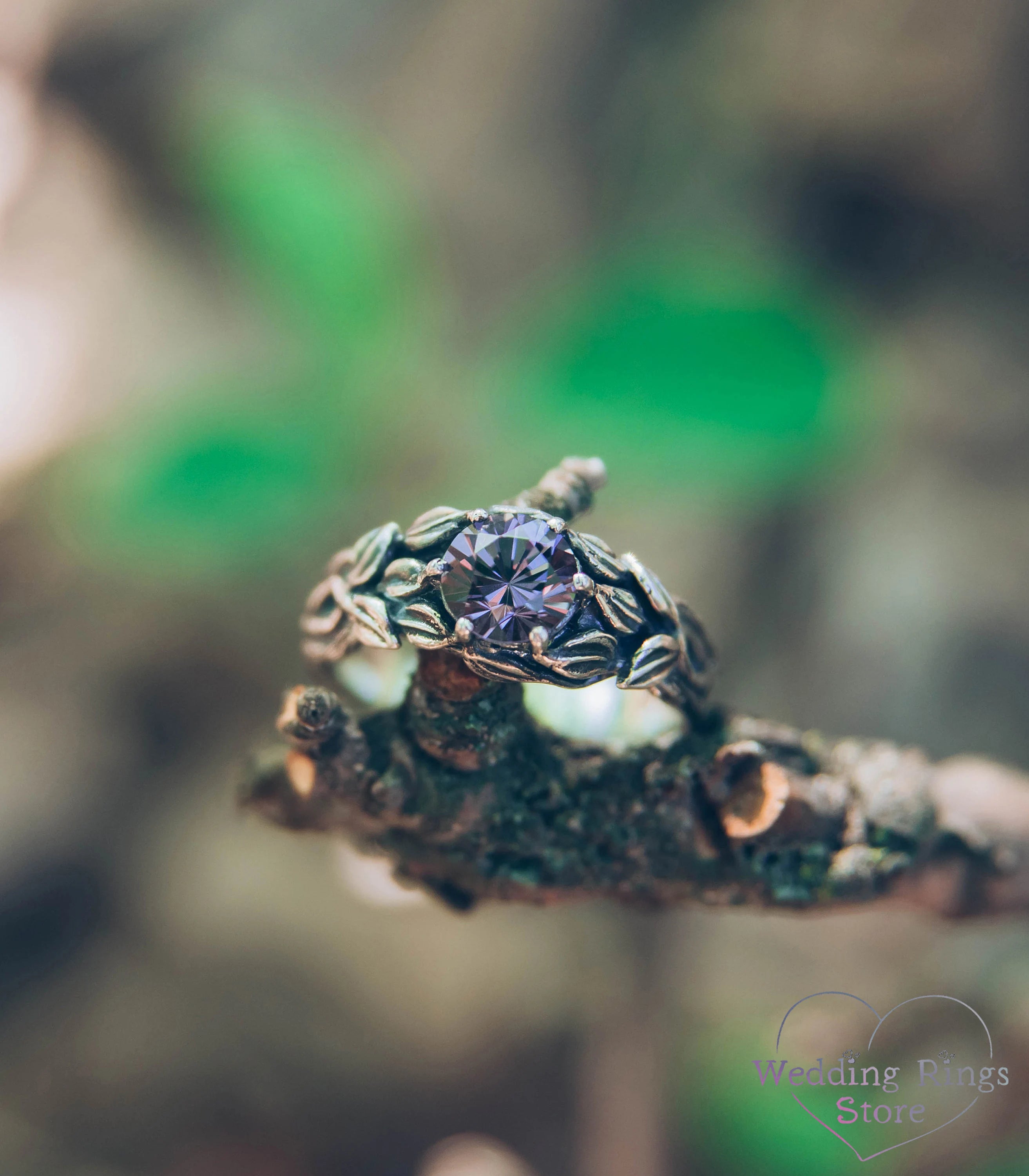 Dazzling Alexandrite Tree Branch and Leaves Silver Engagement Ring