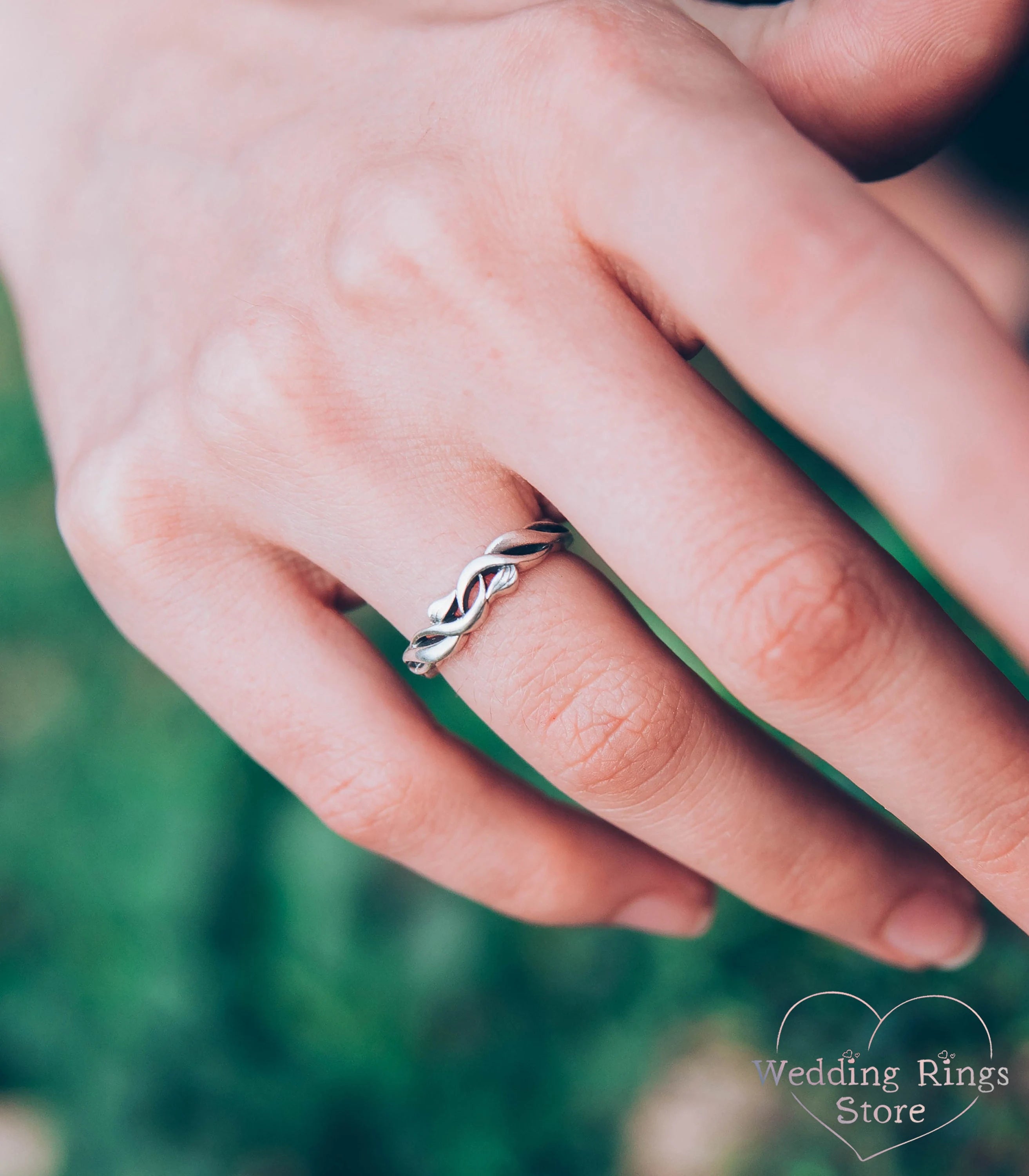 Sterling Silver scrollwork Braided Wedding Ring with delicate Leaves