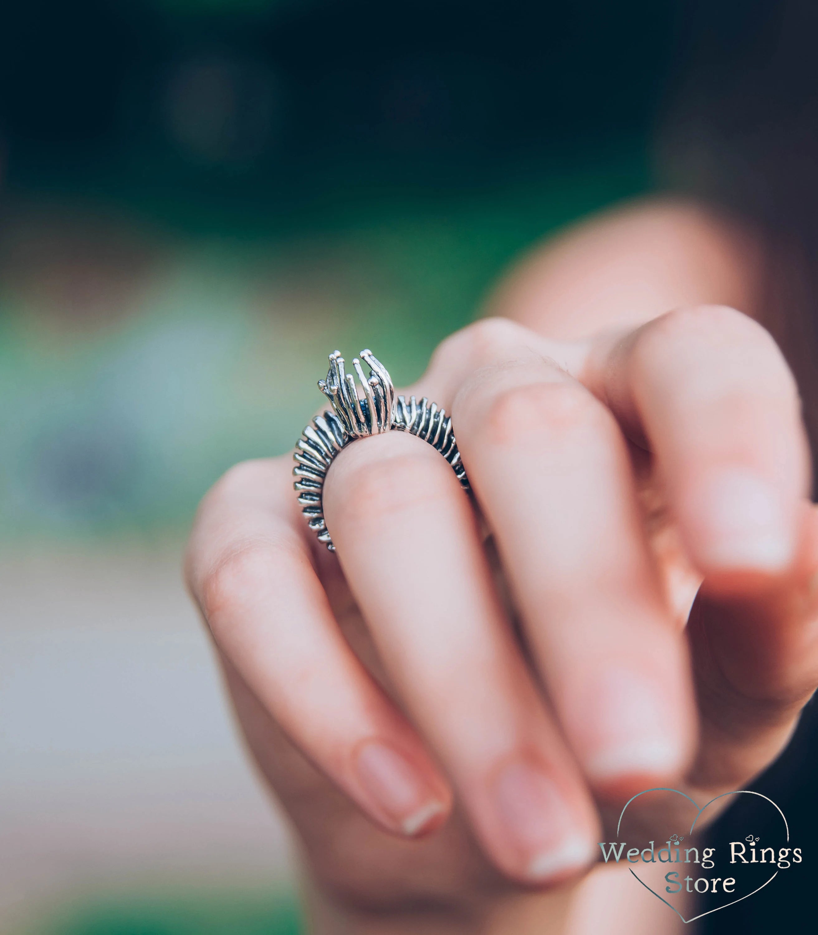 Magic Silver boho Spiked Ring with Swiss Topaz