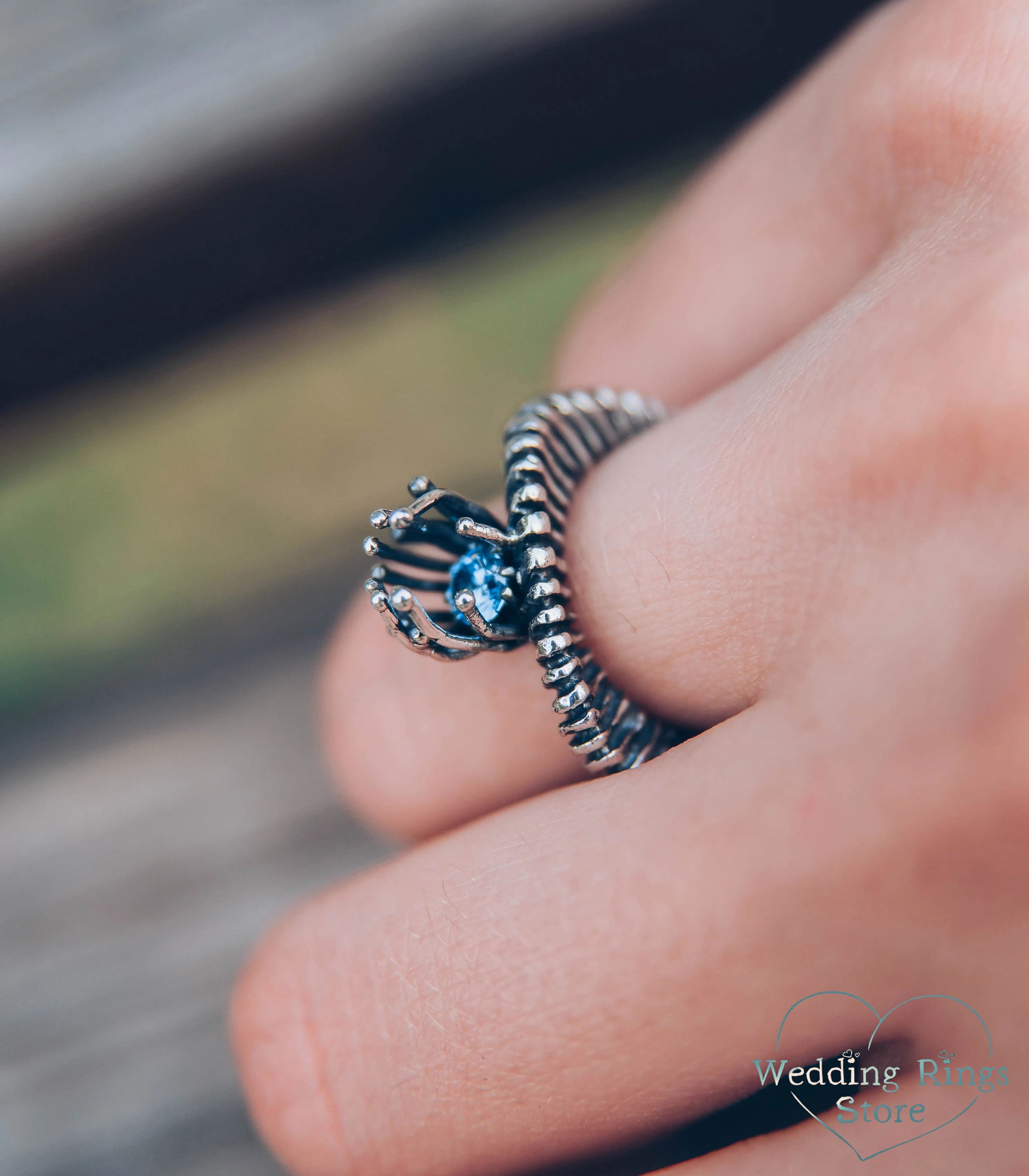 Magic Silver boho Spiked Ring with Swiss Topaz