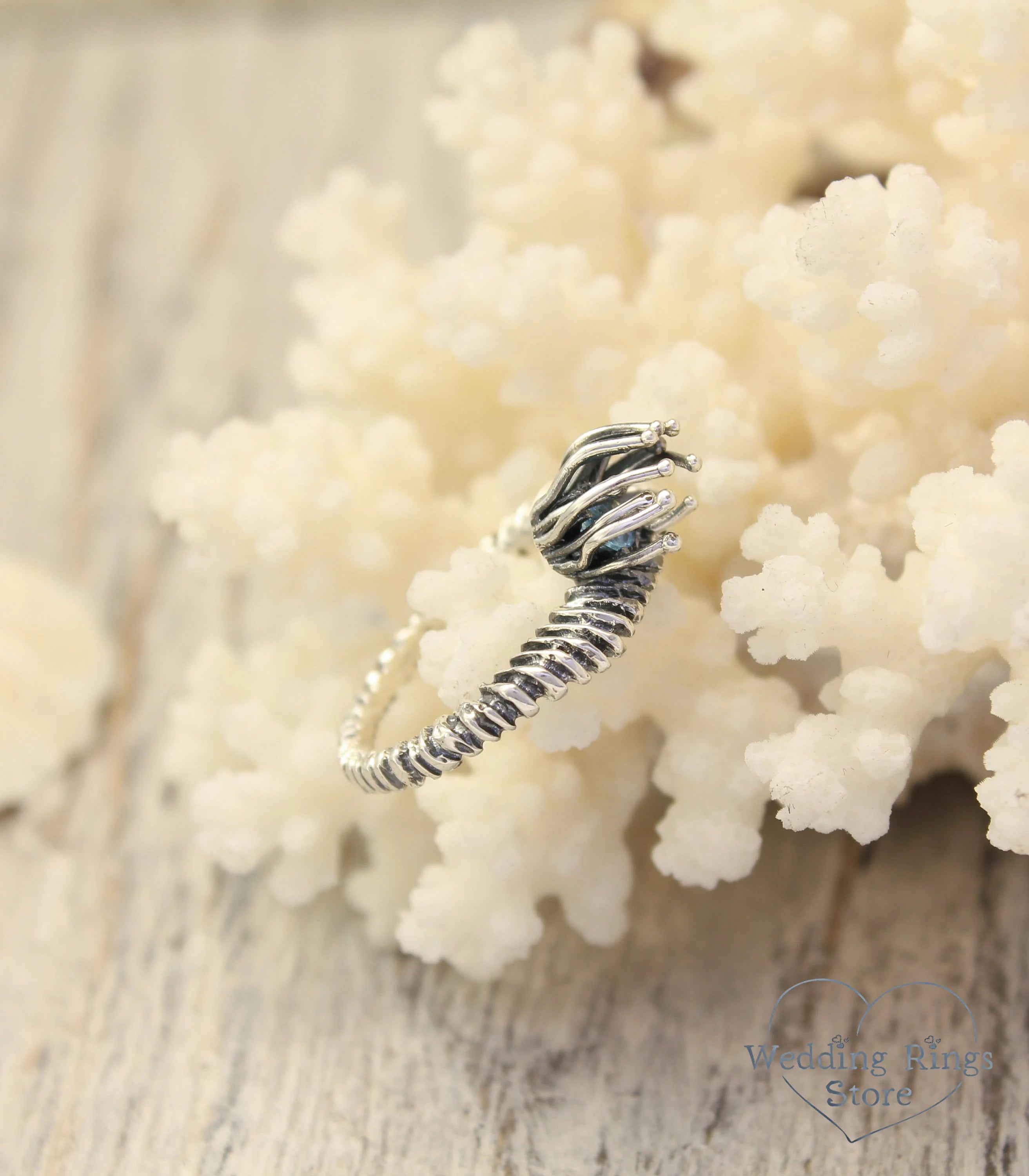 Magic Silver boho Spiked Ring with Swiss Topaz