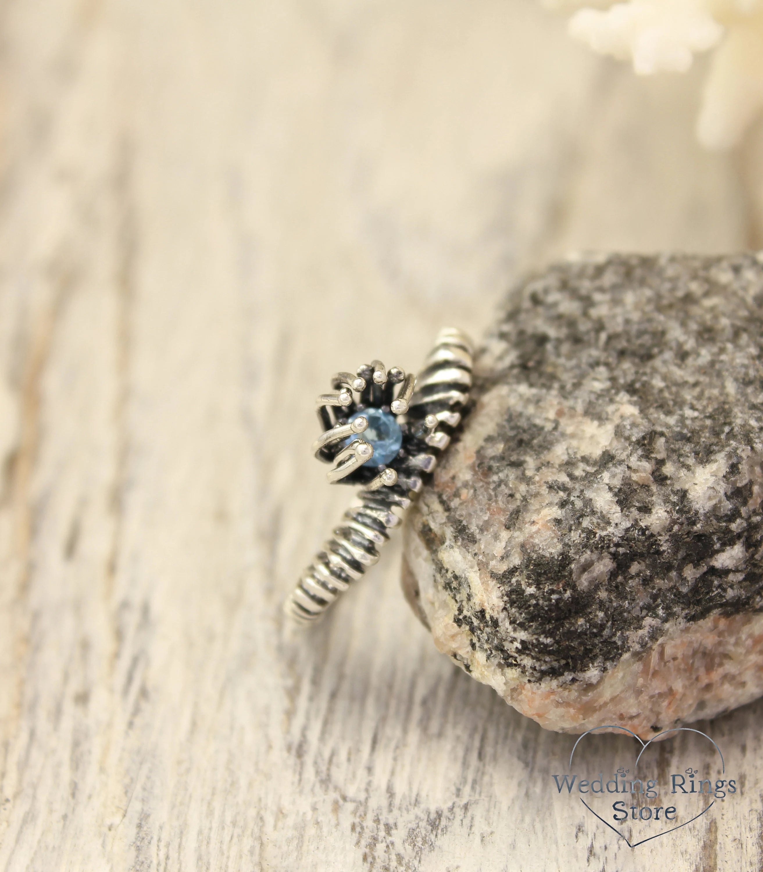 Magic Silver boho Spiked Ring with Swiss Topaz