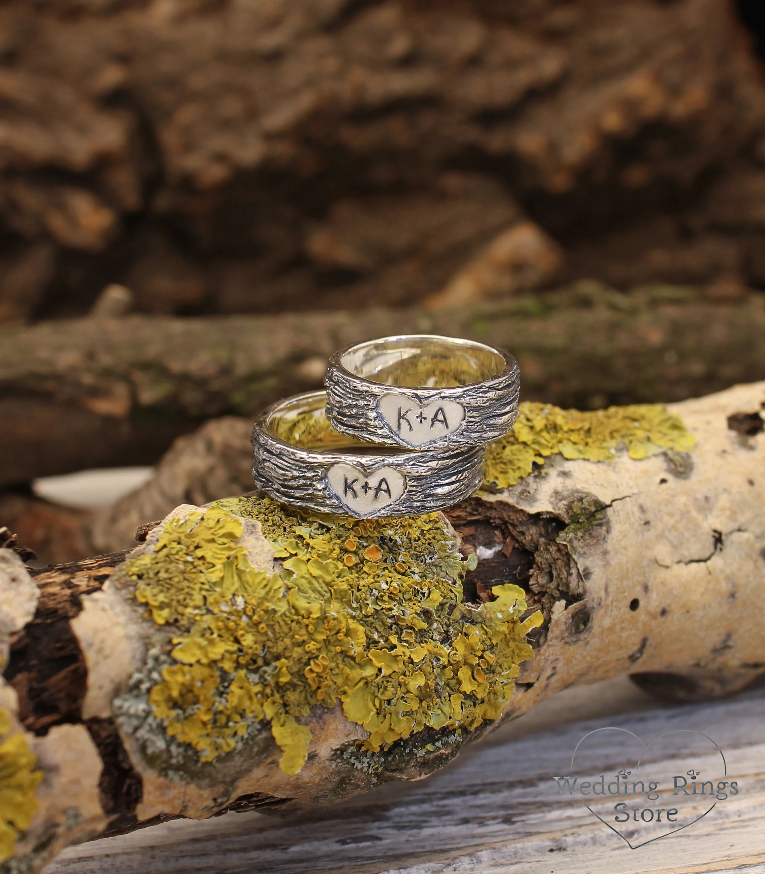 Personalized Initials in Hearts Tree Bark Couple Rings 925