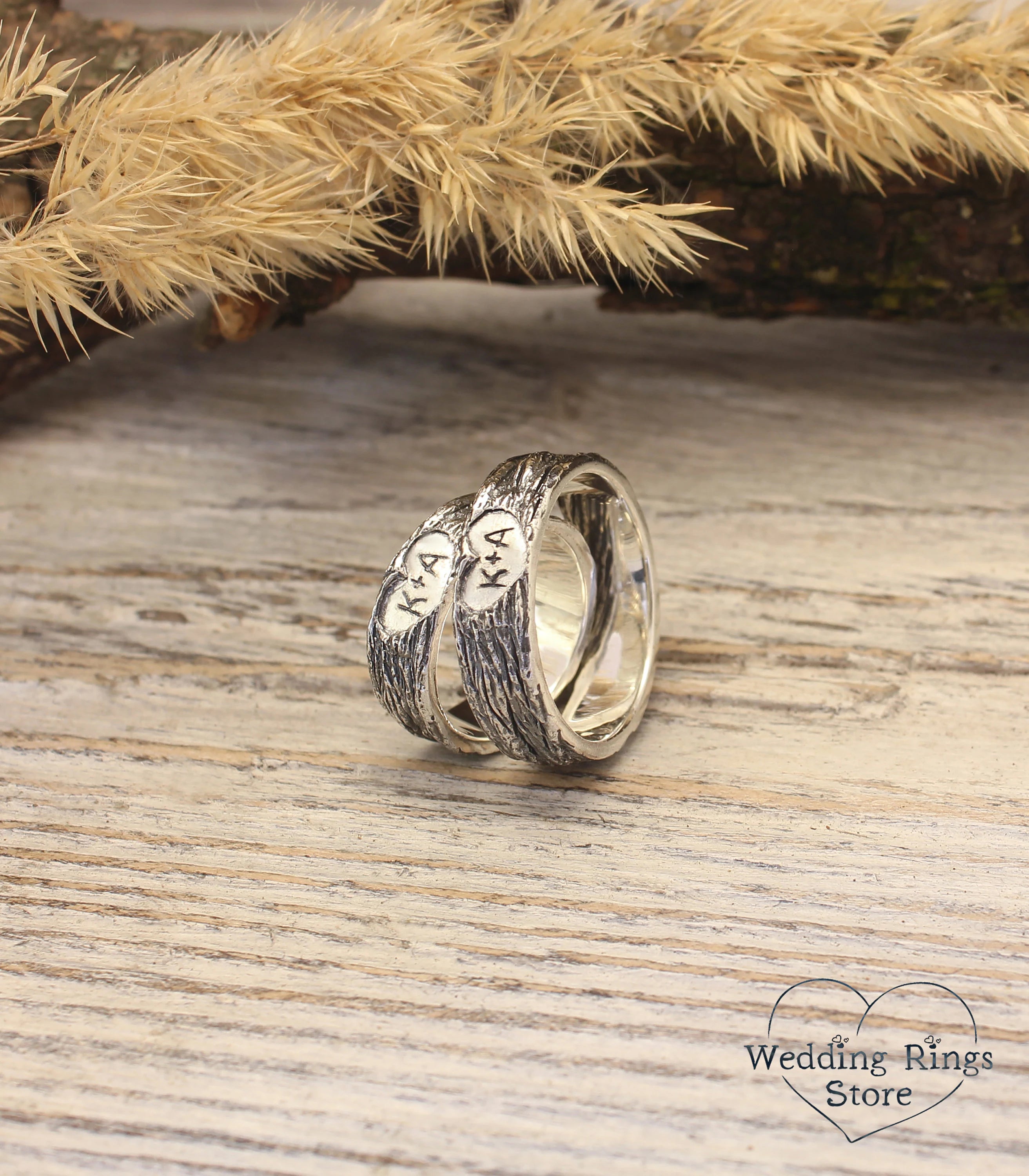 Personalized Initials in Hearts Tree Bark Couple Rings 925