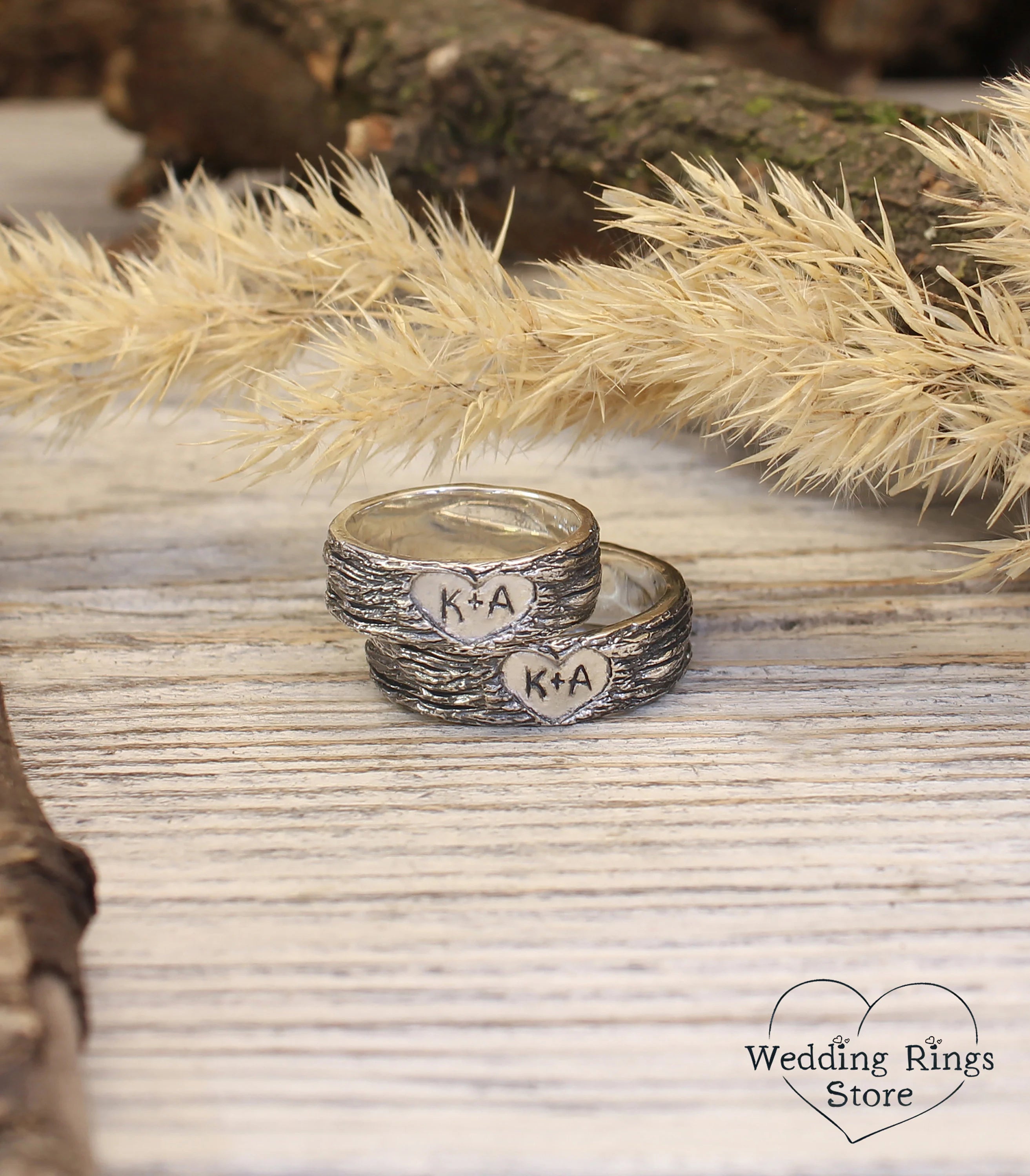 Personalized Initials in Hearts Tree Bark Couple Rings 925