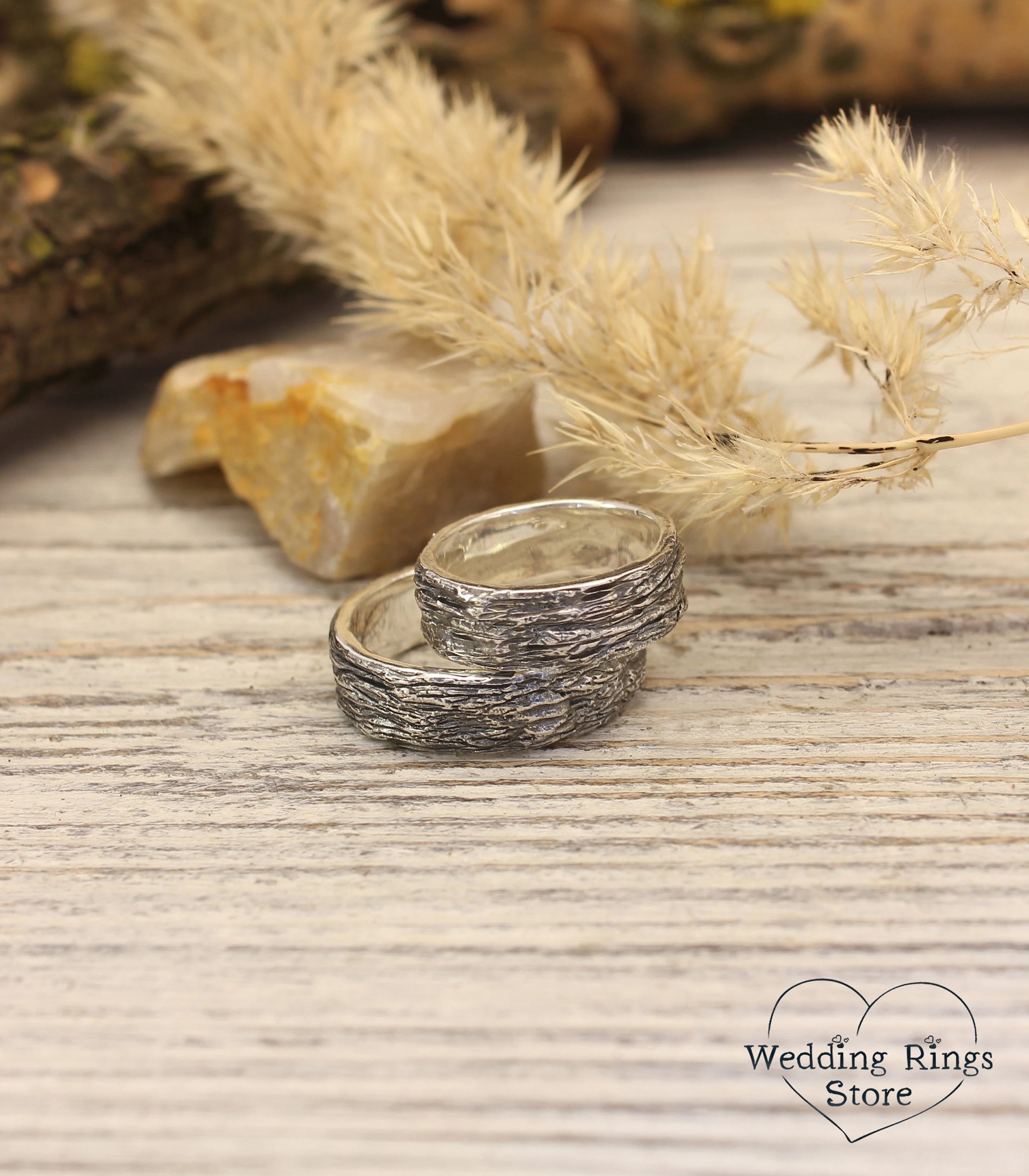 Personalized Initials in Hearts Tree Bark Couple Rings 925