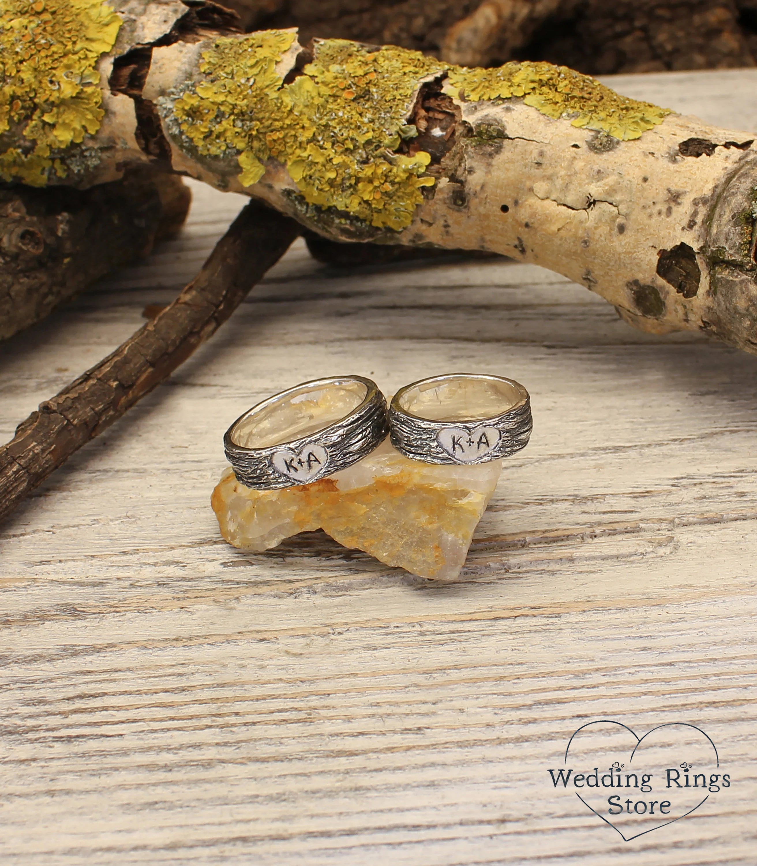 Personalized Initials in Hearts Tree Bark Couple Rings 925