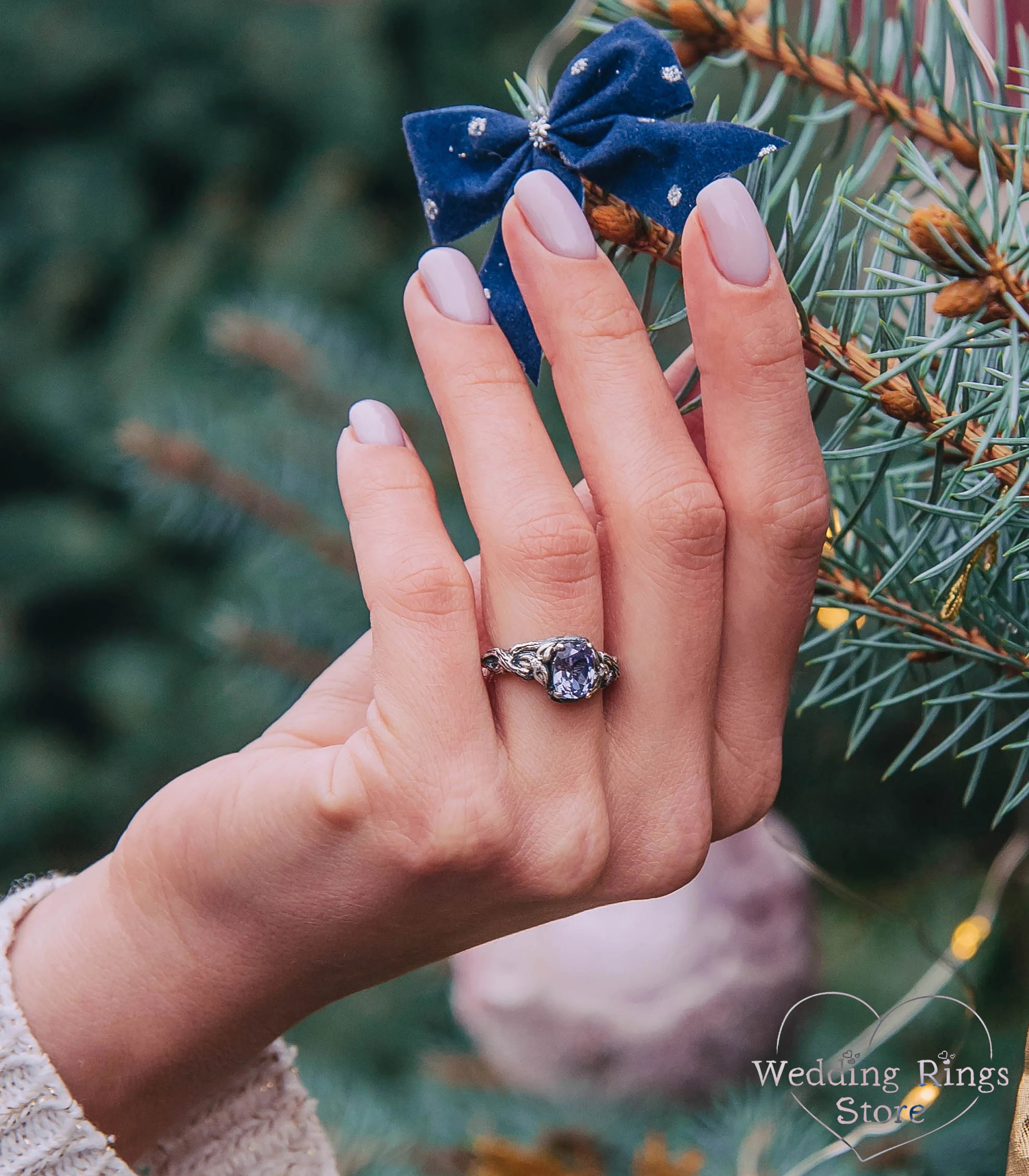 Forest & Vintage Style Silver Wedding Bands Set with Emeralds