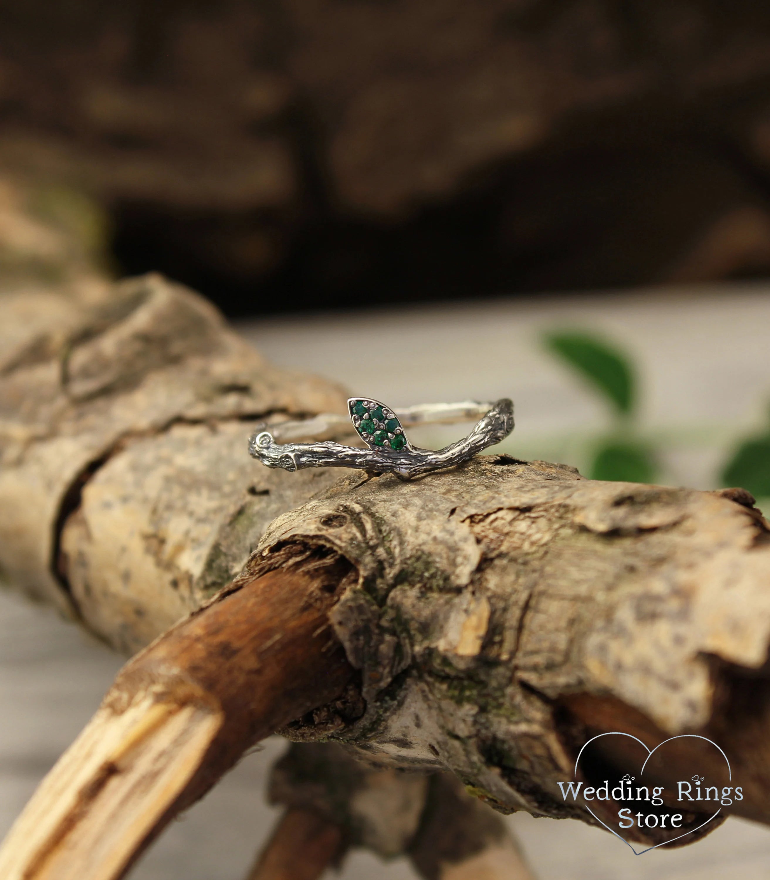 Minimalist Silver Stacking Twig Ring & Emerald Leaf