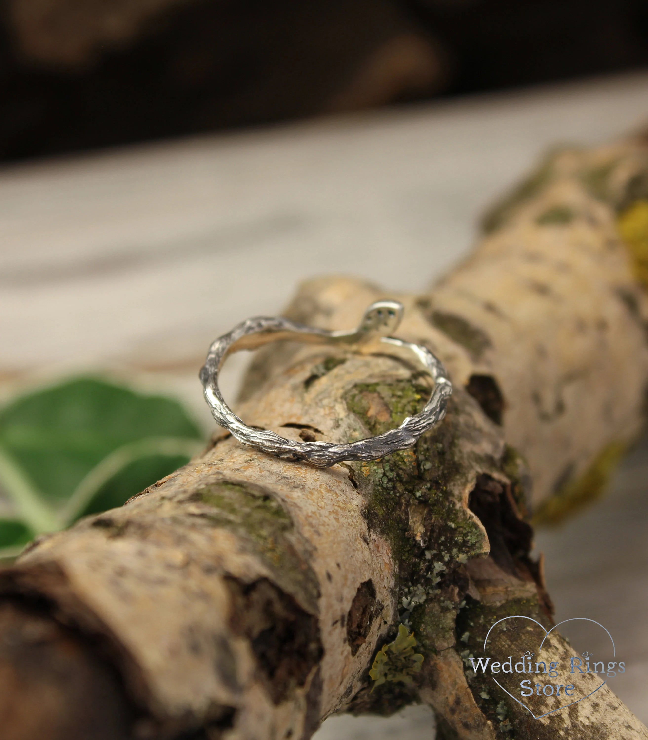 Minimalist Silver Stacking Twig Ring & Emerald Leaf