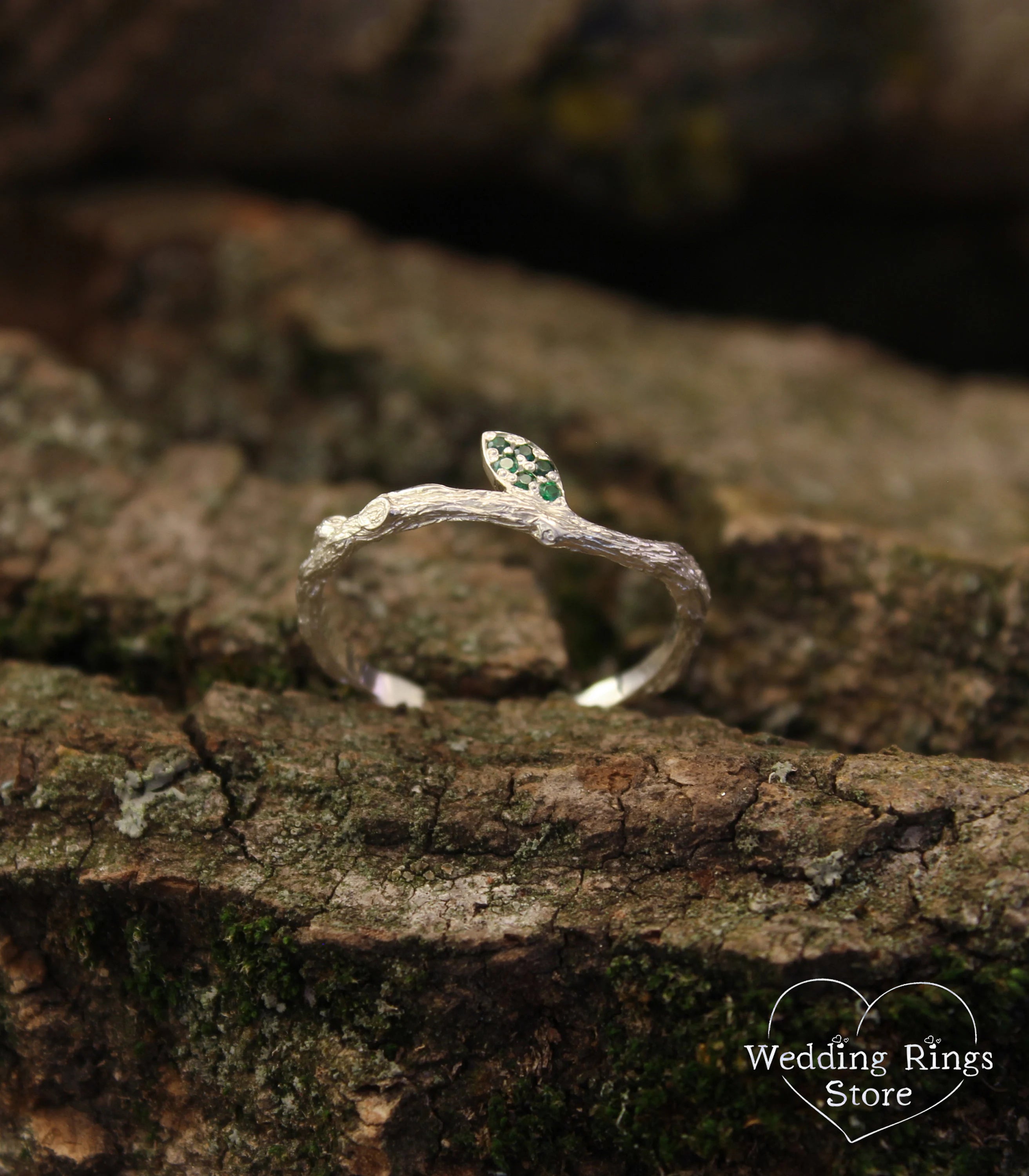 Minimalist Silver Stacking Twig Ring & Emerald Leaf