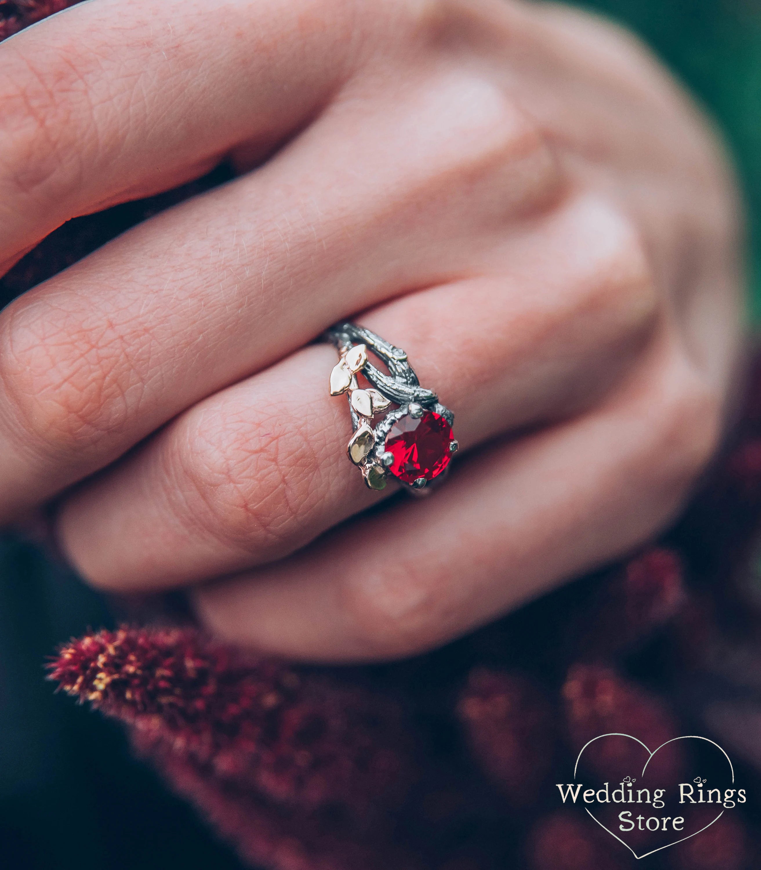 Big Ruby with Branch and Gold Leaves — Twig Engagement Ring