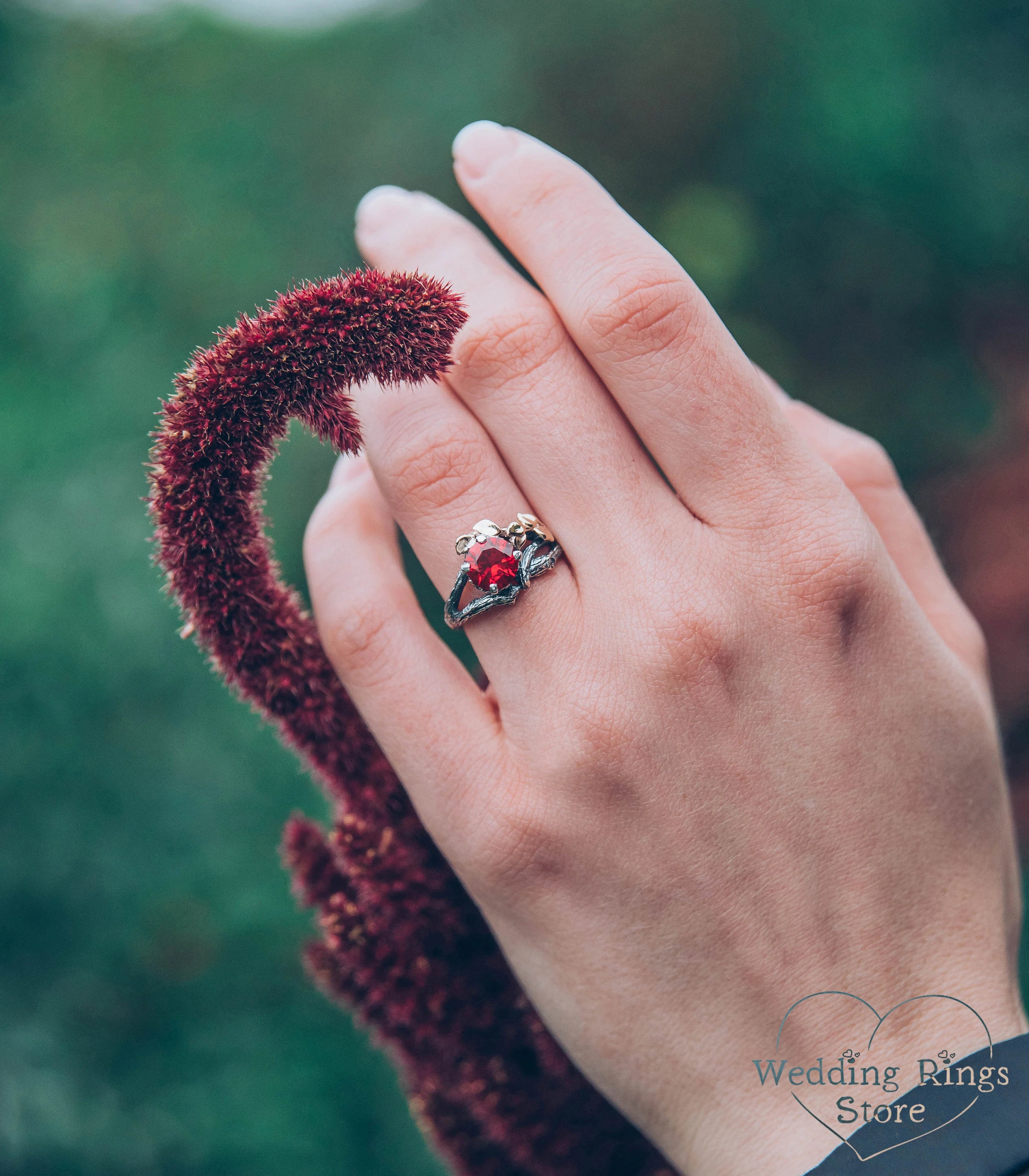 Big Ruby with Branch and Gold Leaves — Twig Engagement Ring