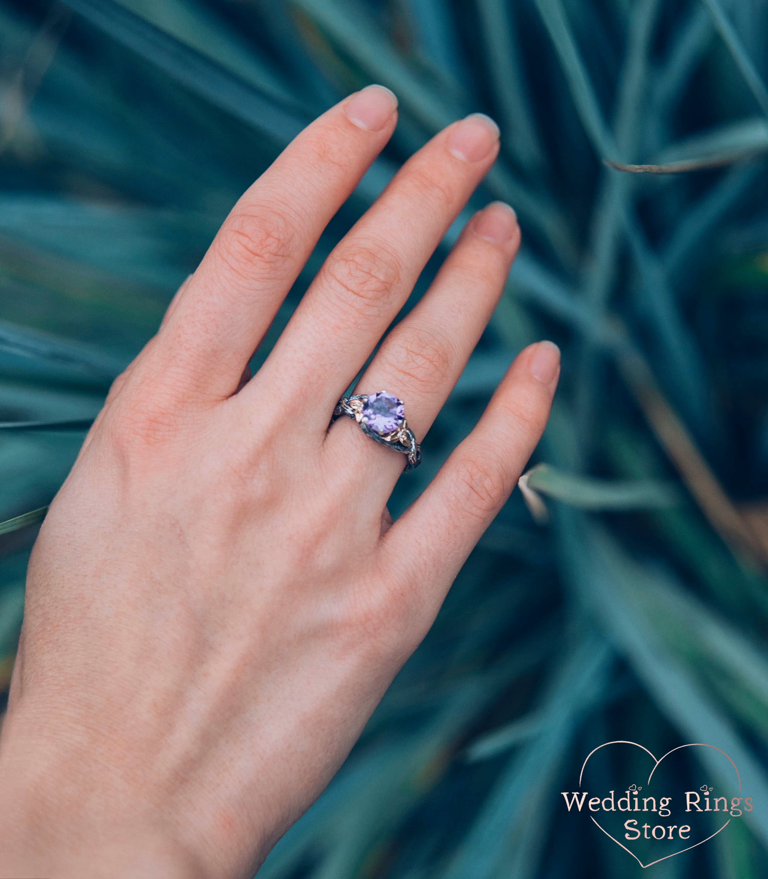 Gorgeous Twig and Leaves Engagement Ring with Amethyst in Mixed Metals