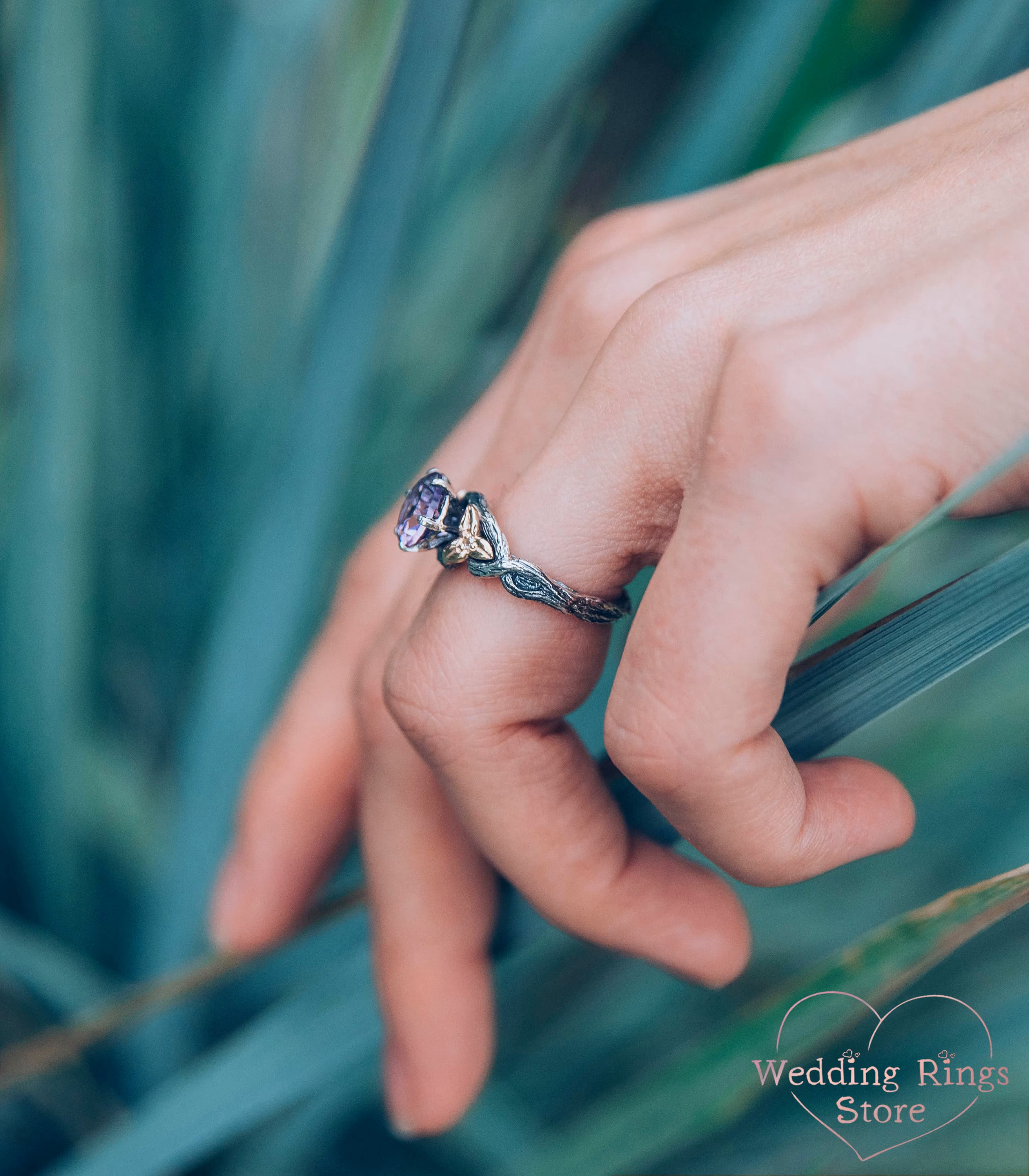 Gorgeous Twig and Leaves Engagement Ring with Amethyst in Mixed Metals