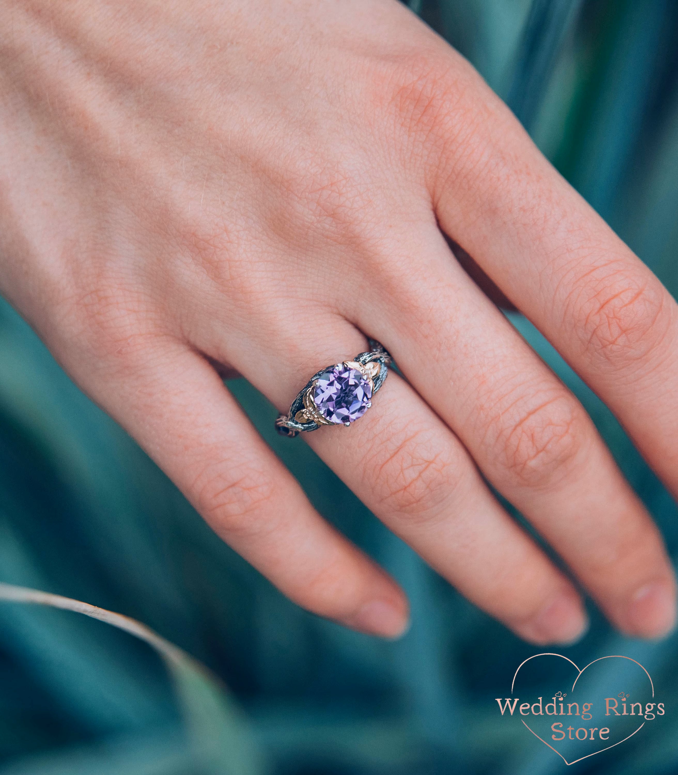 Gorgeous Twig and Leaves Engagement Ring with Amethyst in Mixed Metals