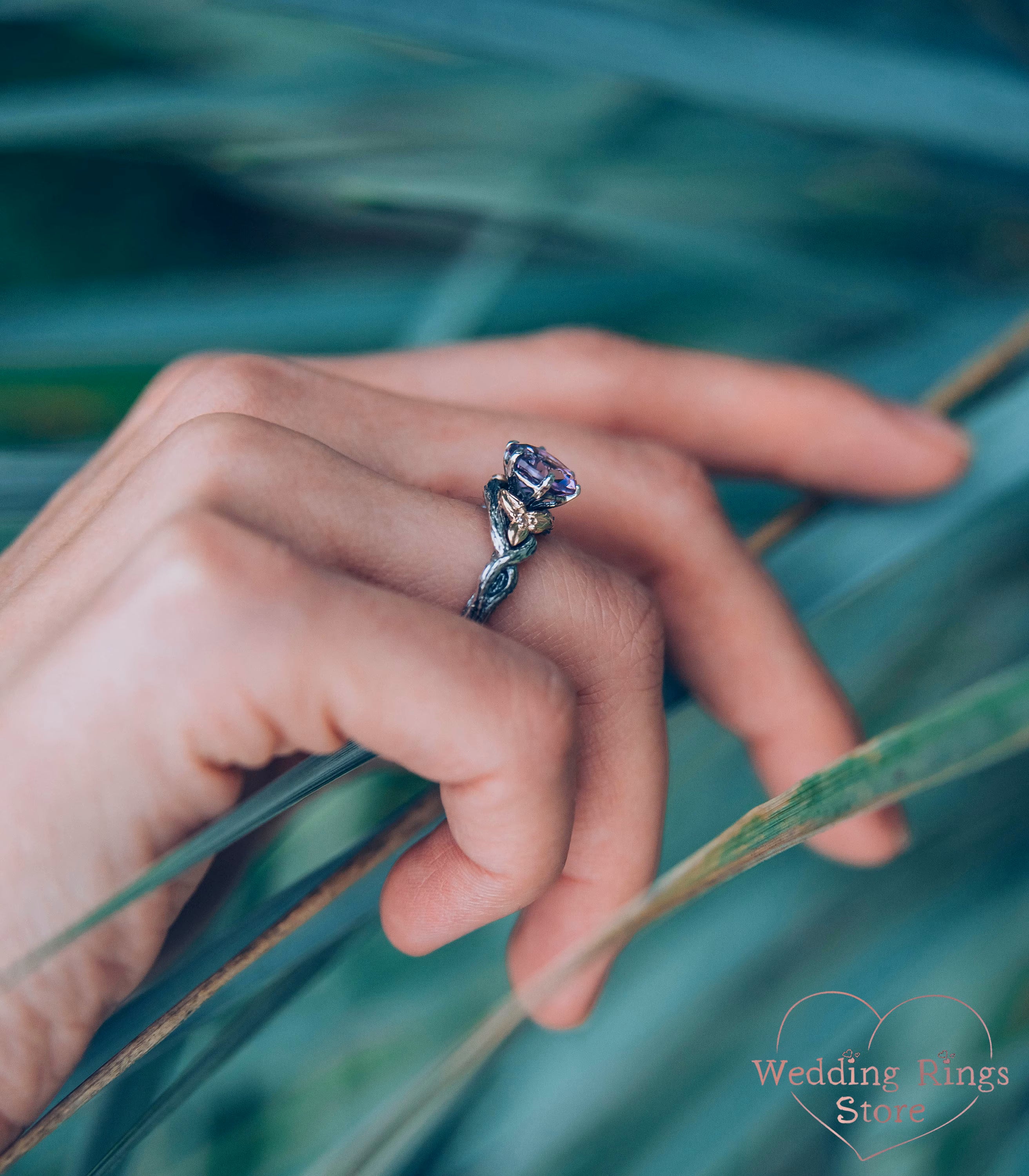 Gorgeous Twig and Leaves Engagement Ring with Amethyst in Mixed Metals