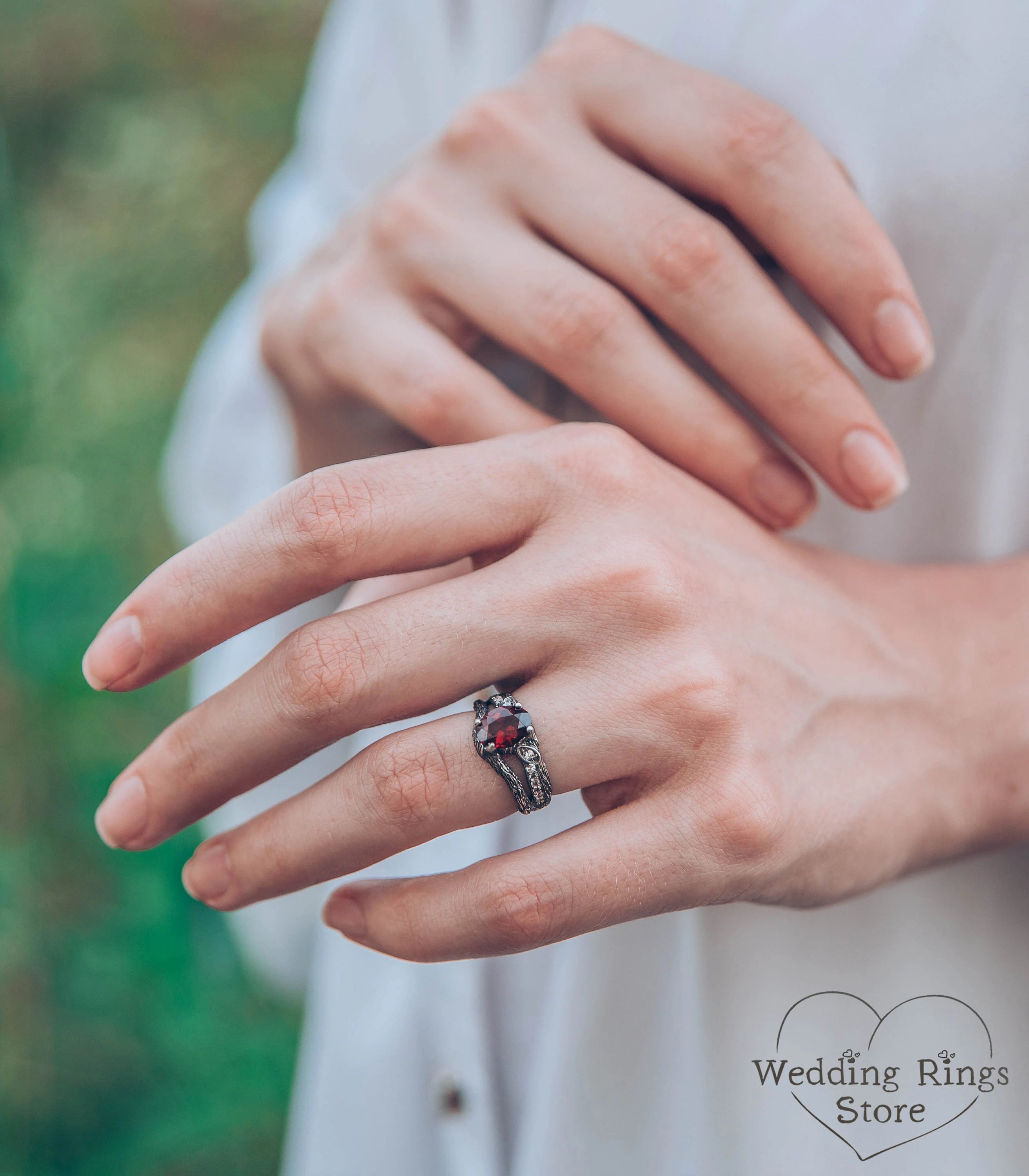 Split Silver Twig Garnet Proposal Ring with Side Stones