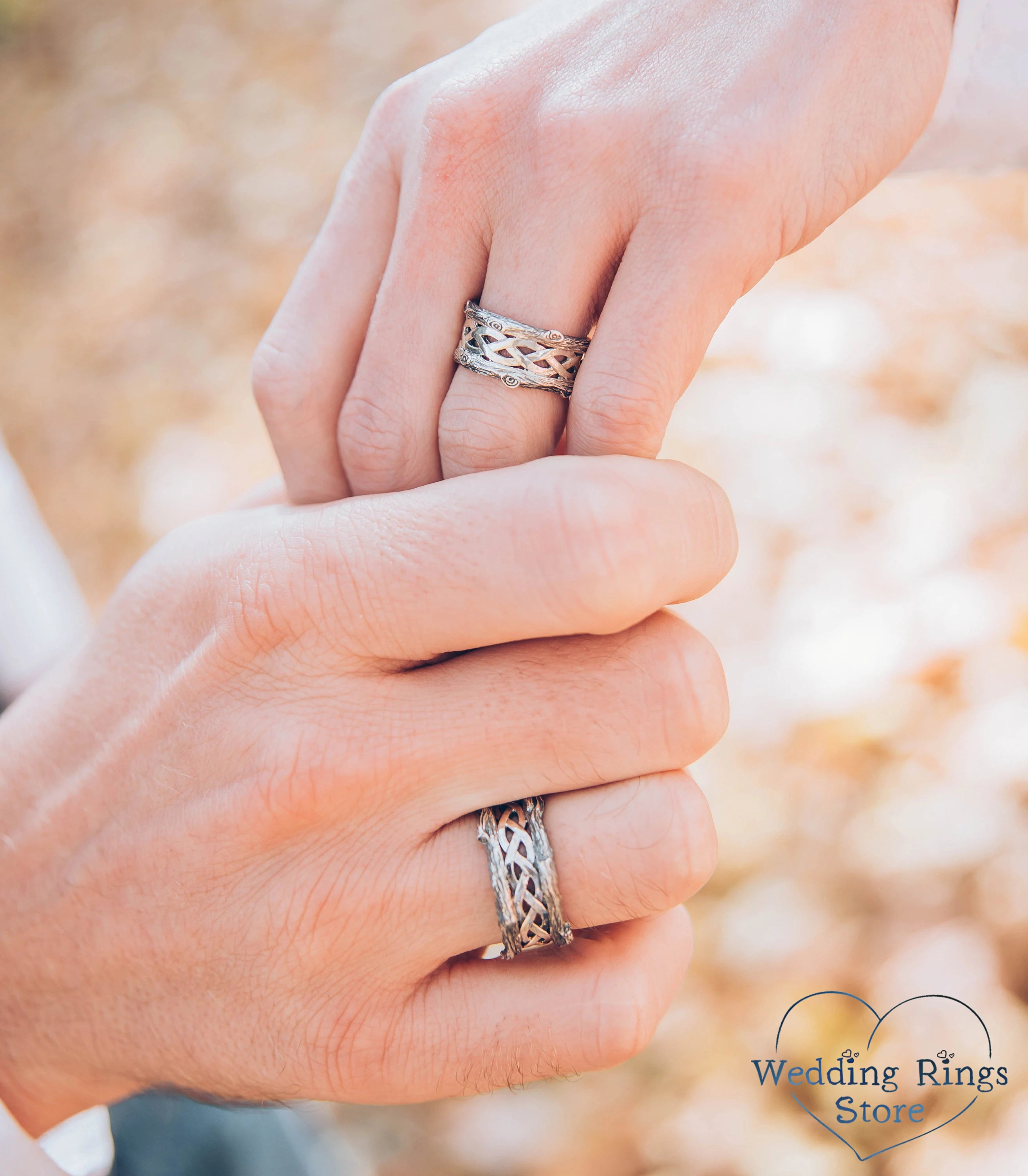 Braided and Tree Bark Celtic Wedding Bands Set