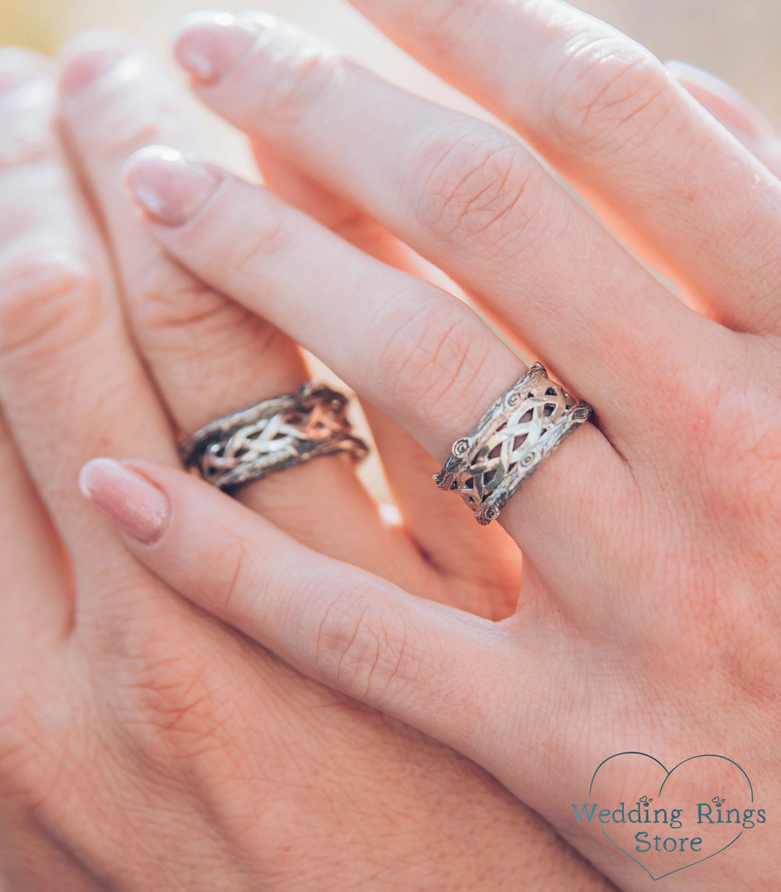 Braided and Tree Bark Celtic Wedding Bands Set