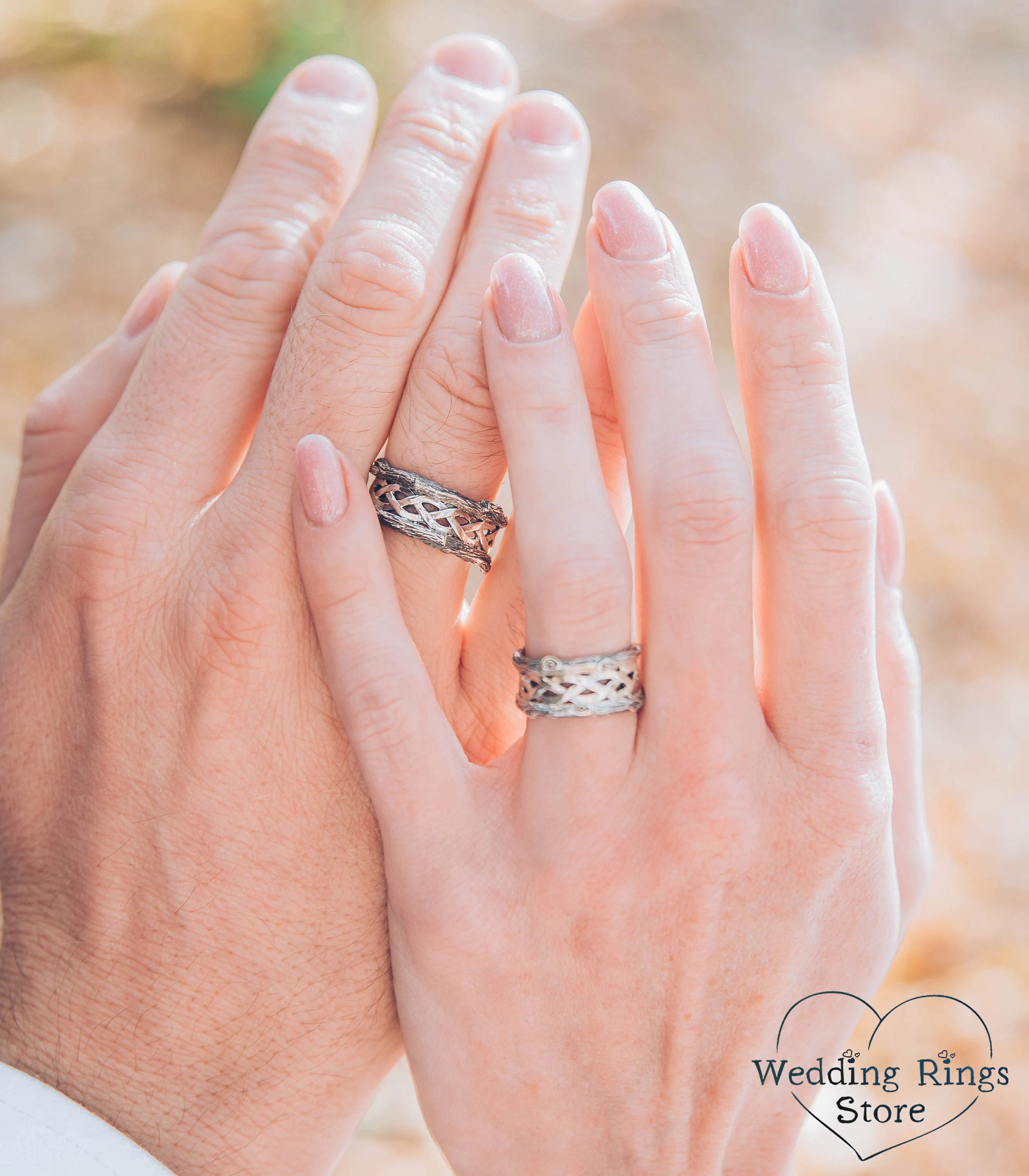 Braided and Tree Bark Celtic Wedding Bands Set