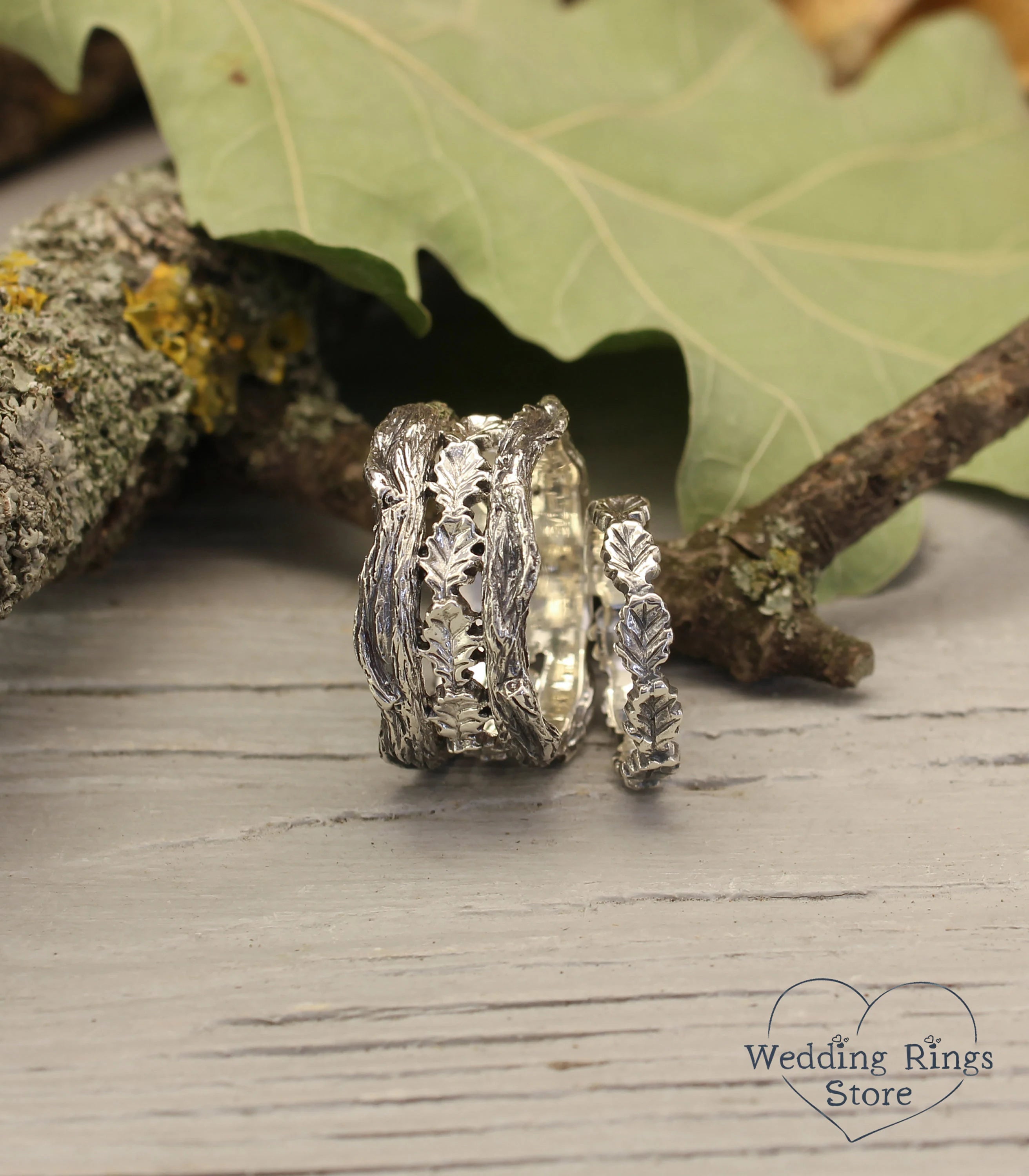 Forest Tree Branch and Oak Leaves Silver Wedding Bands Set