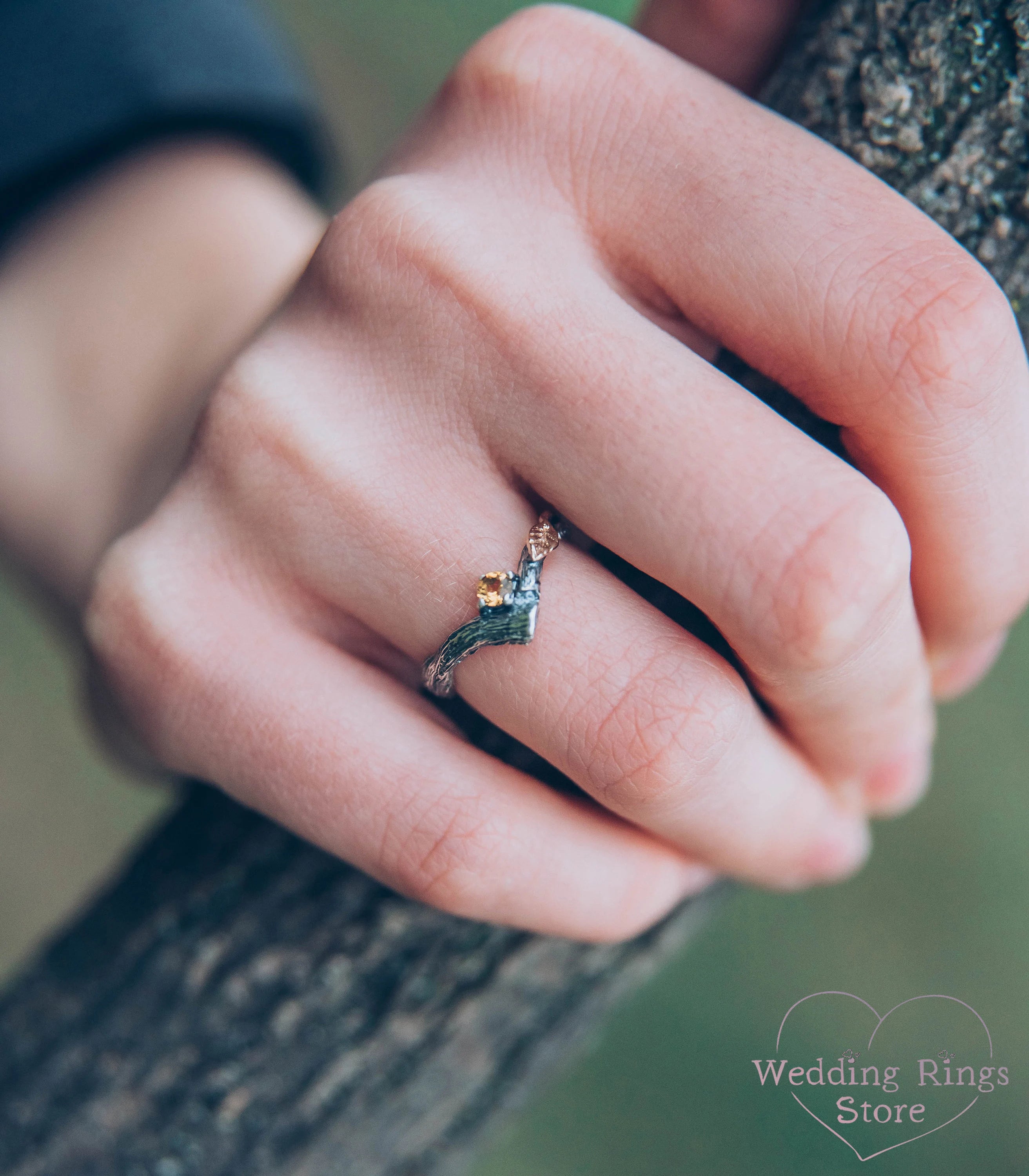 Citrine and Gold Leaf on Silver Twig Engagement V-Ring