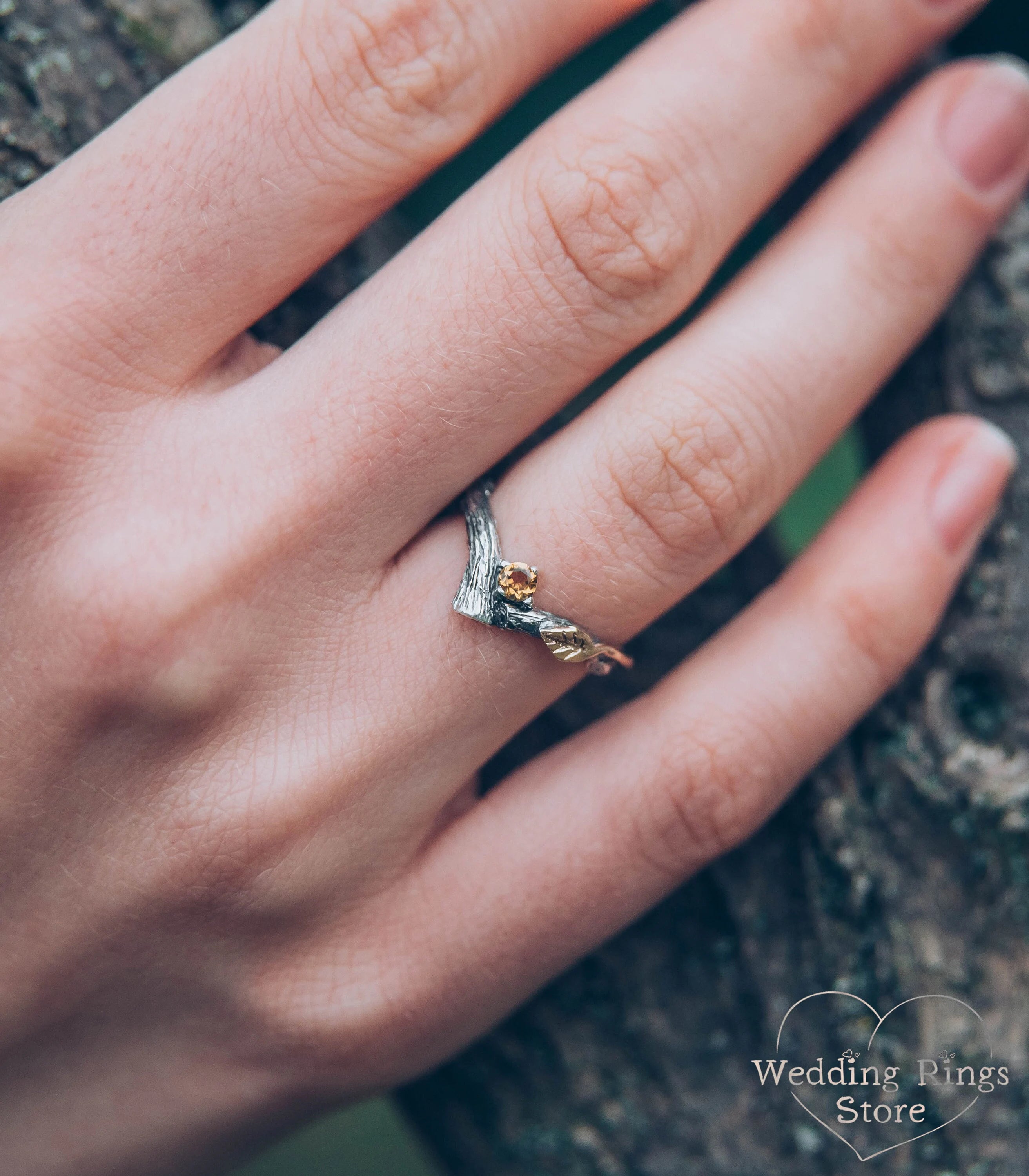 Citrine and Gold Leaf on Silver Twig Engagement V-Ring