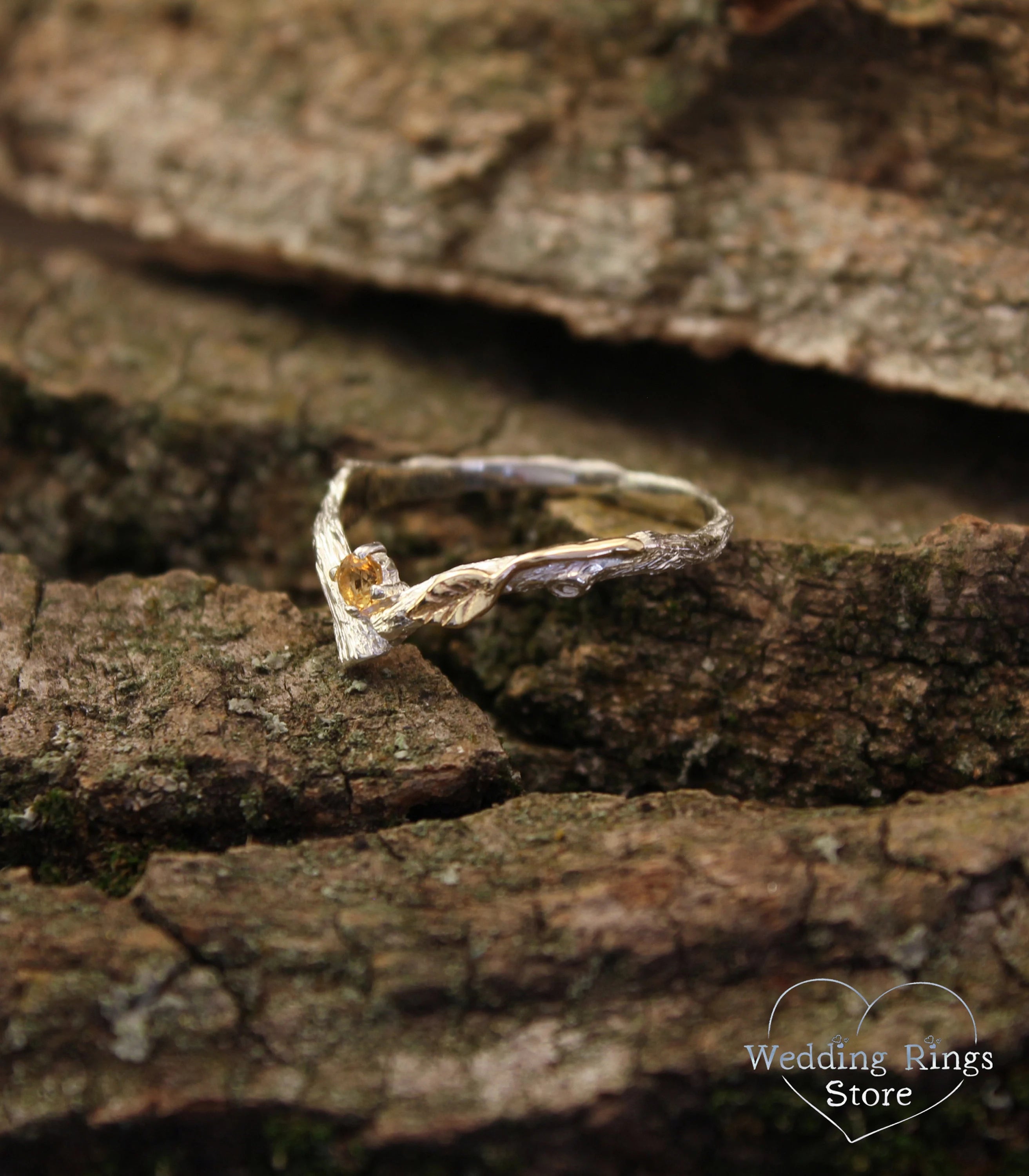 Citrine and Gold Leaf on Silver Twig Engagement V-Ring