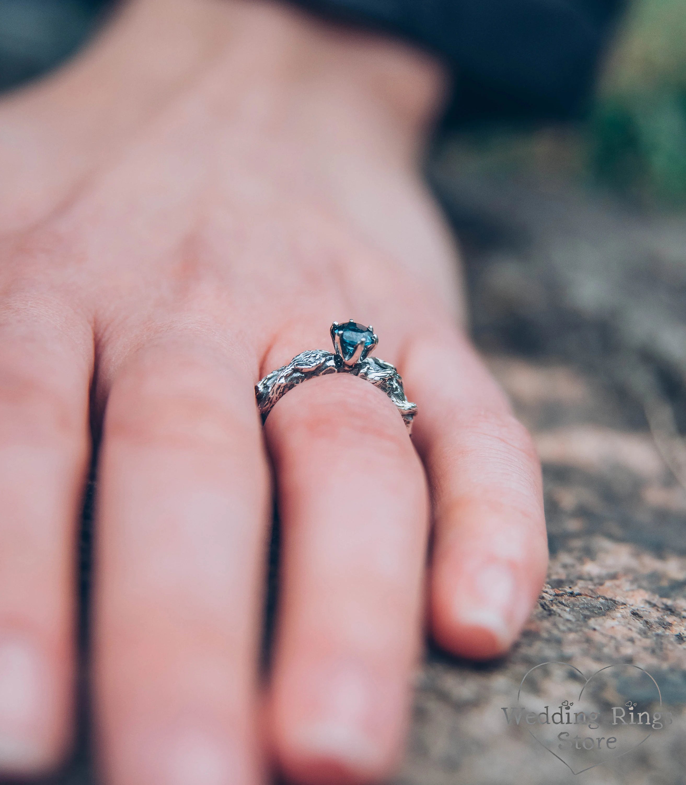 London blue Topaz in Handmade Silver Hammered Engagement Ring