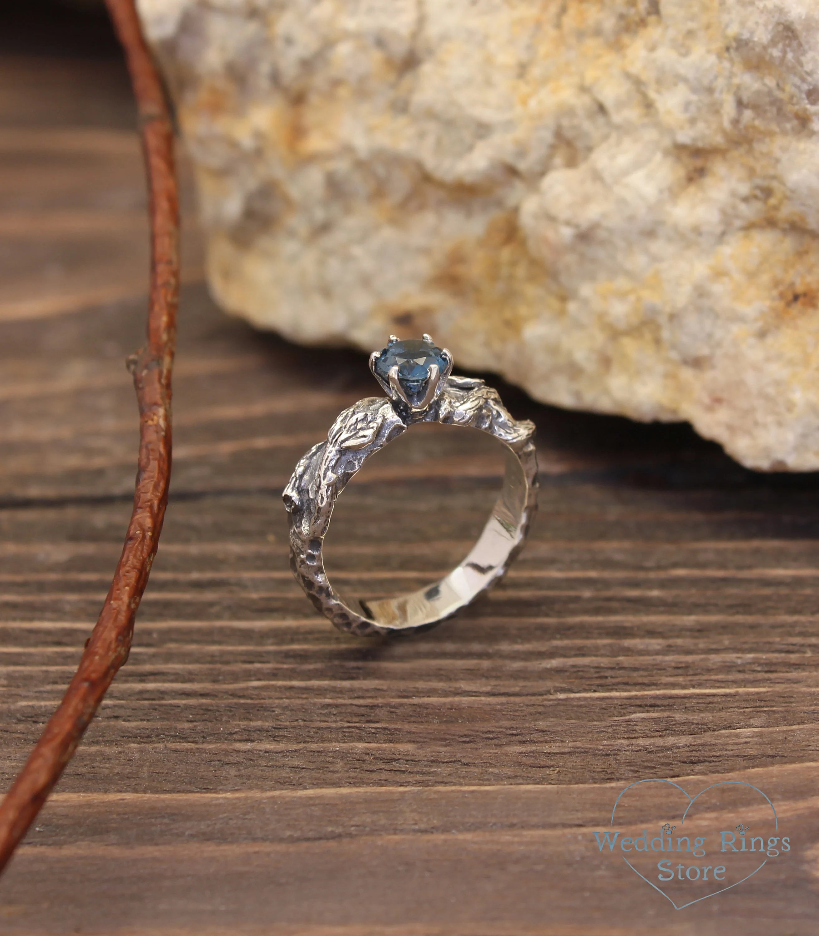 London blue Topaz in Handmade Silver Hammered Engagement Ring