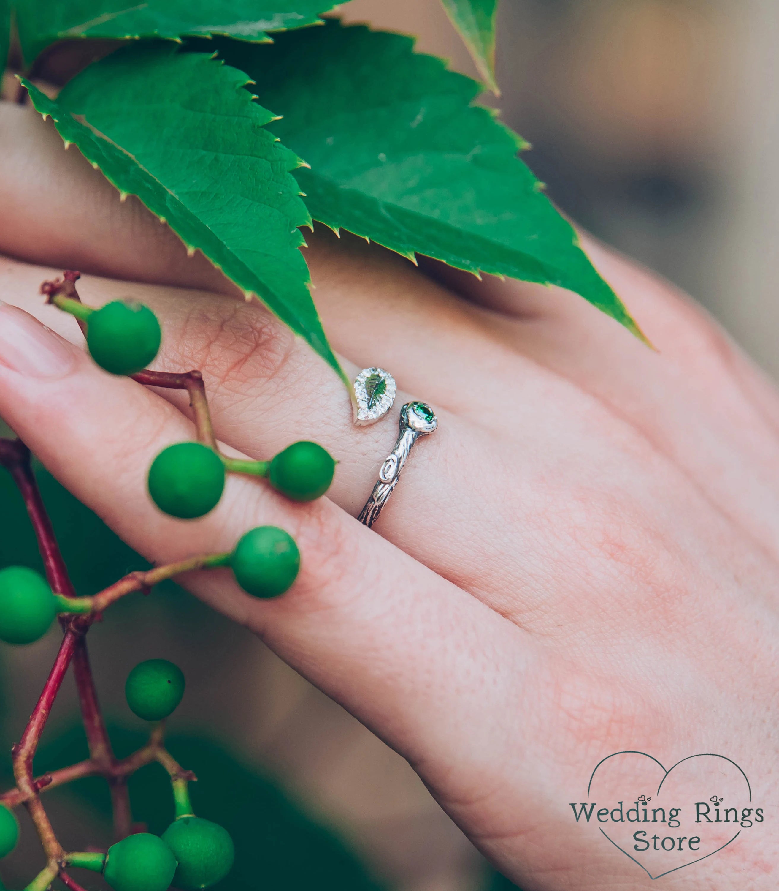 Thin Dainty Silver Twig Wrap Ring with Emerald and Leaf