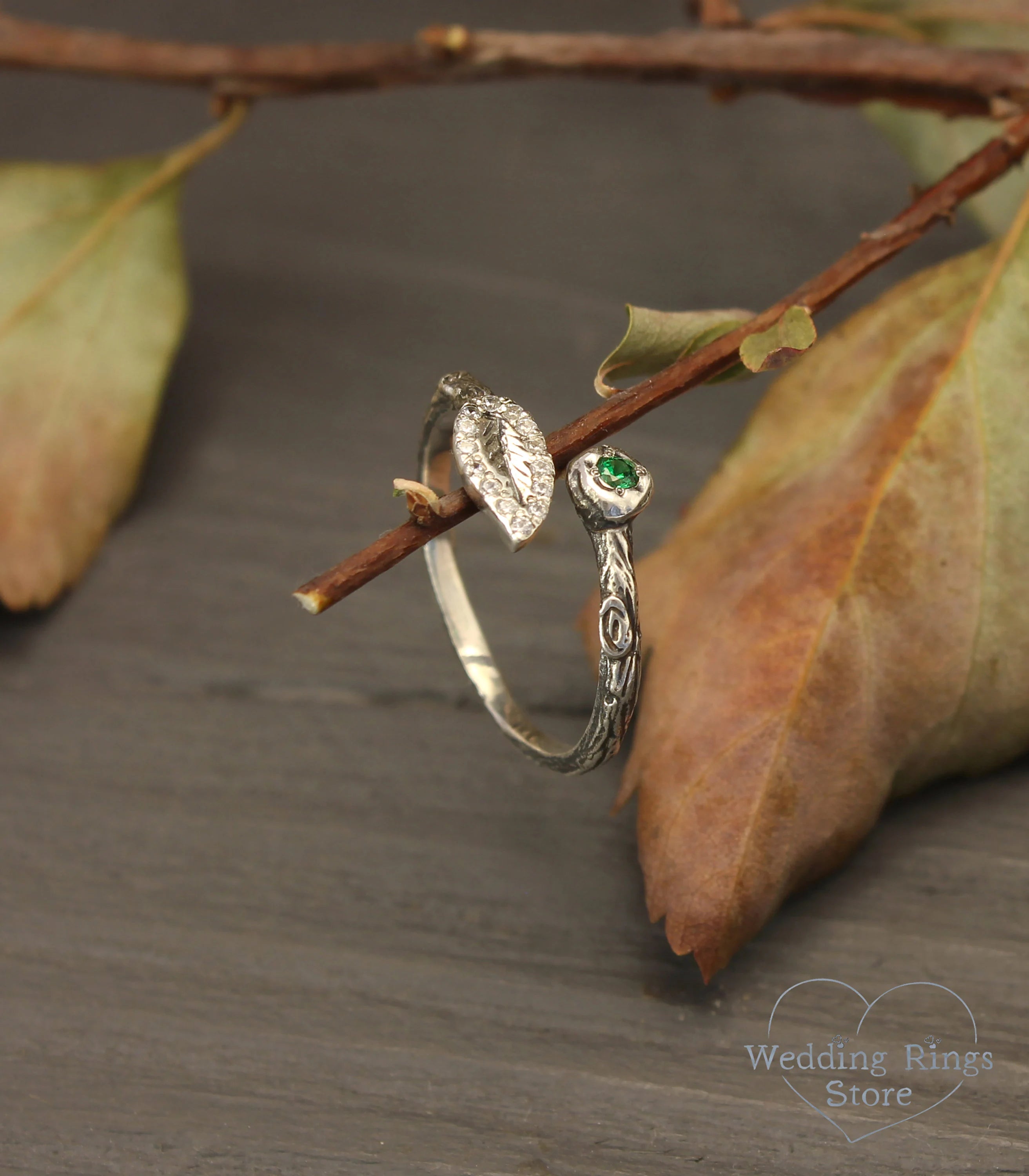 Thin Dainty Silver Twig Wrap Ring with Emerald and Leaf