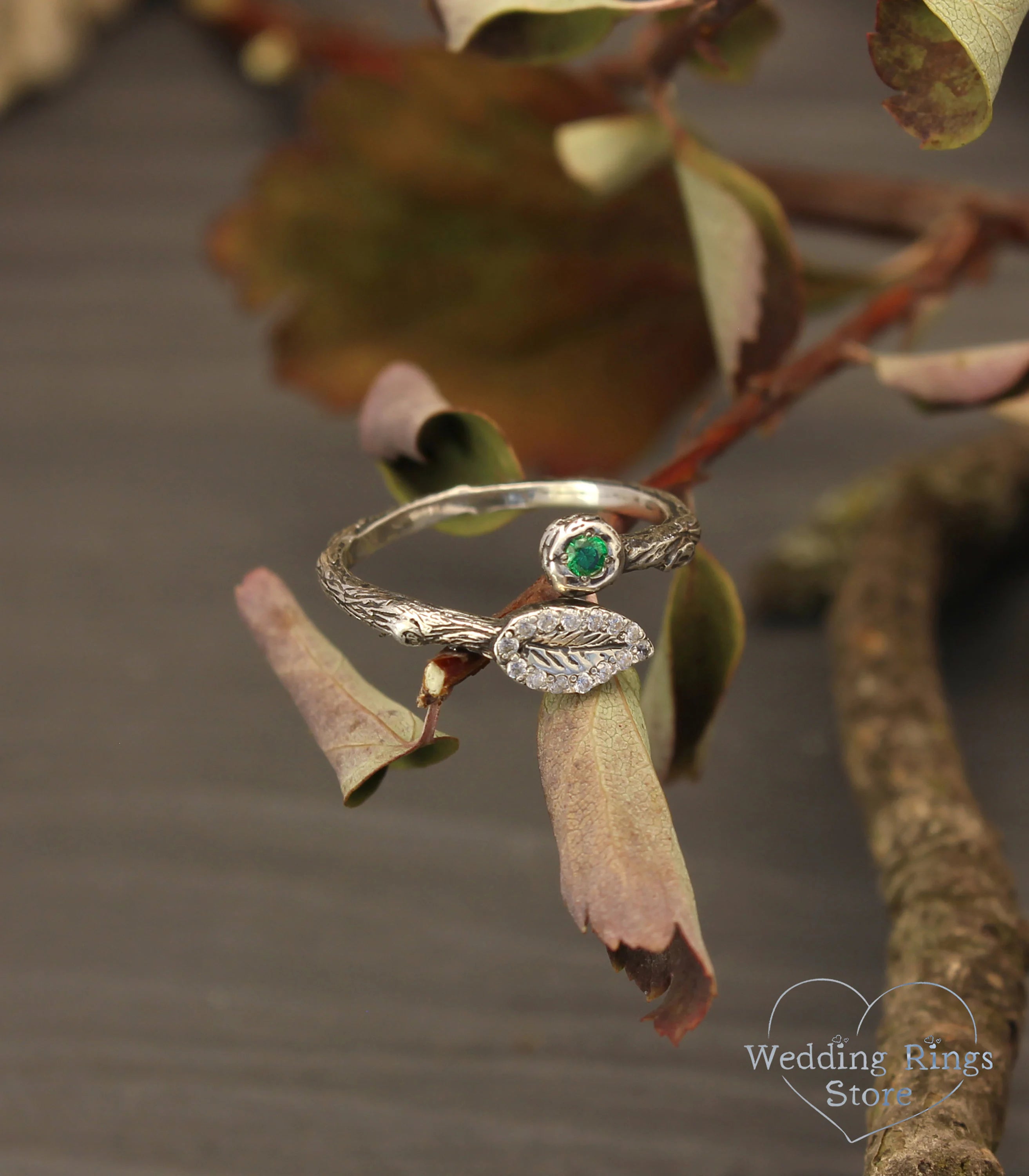 Thin Dainty Silver Twig Wrap Ring with Emerald and Leaf