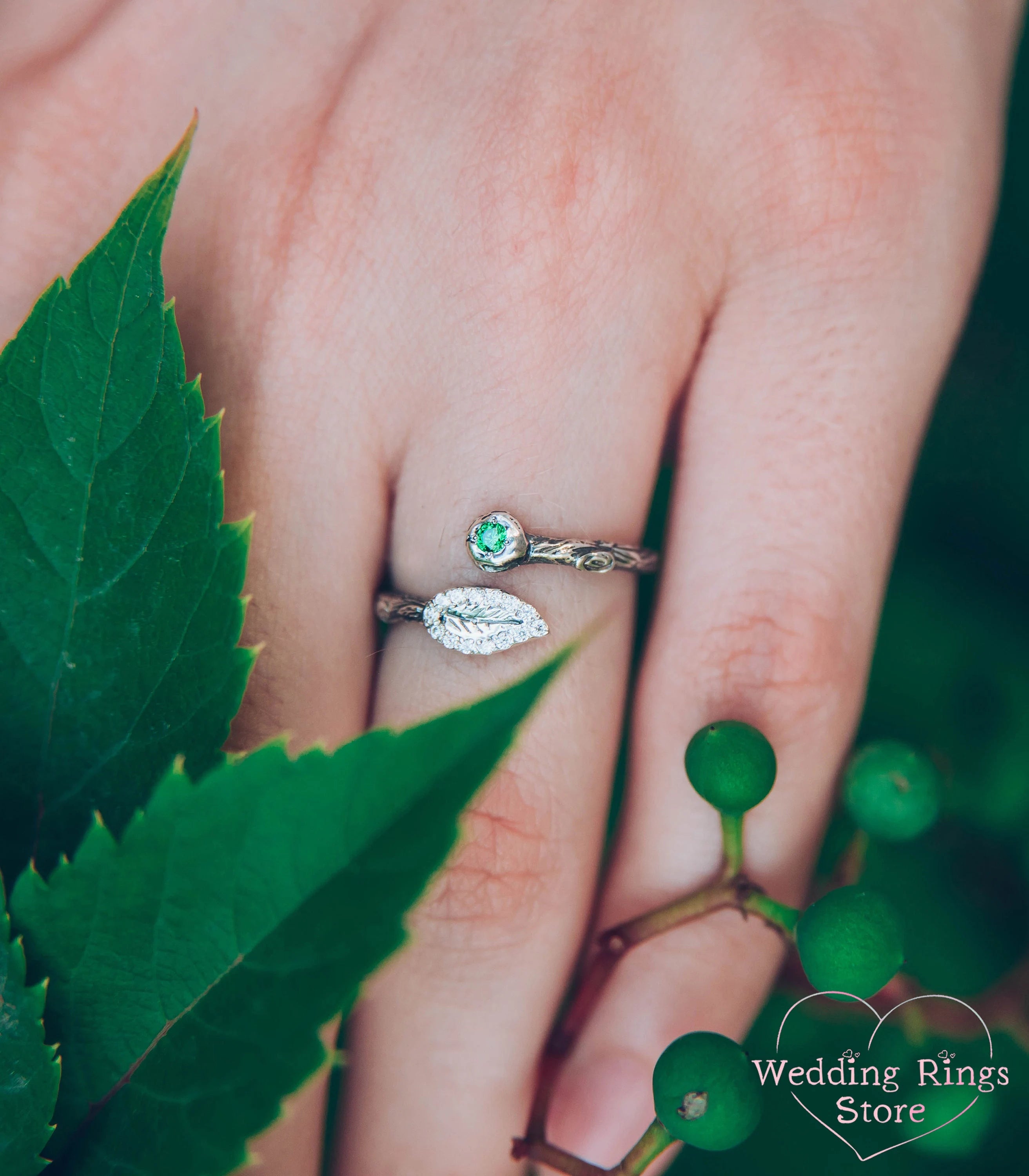 Thin Dainty Silver Twig Wrap Ring with Emerald and Leaf