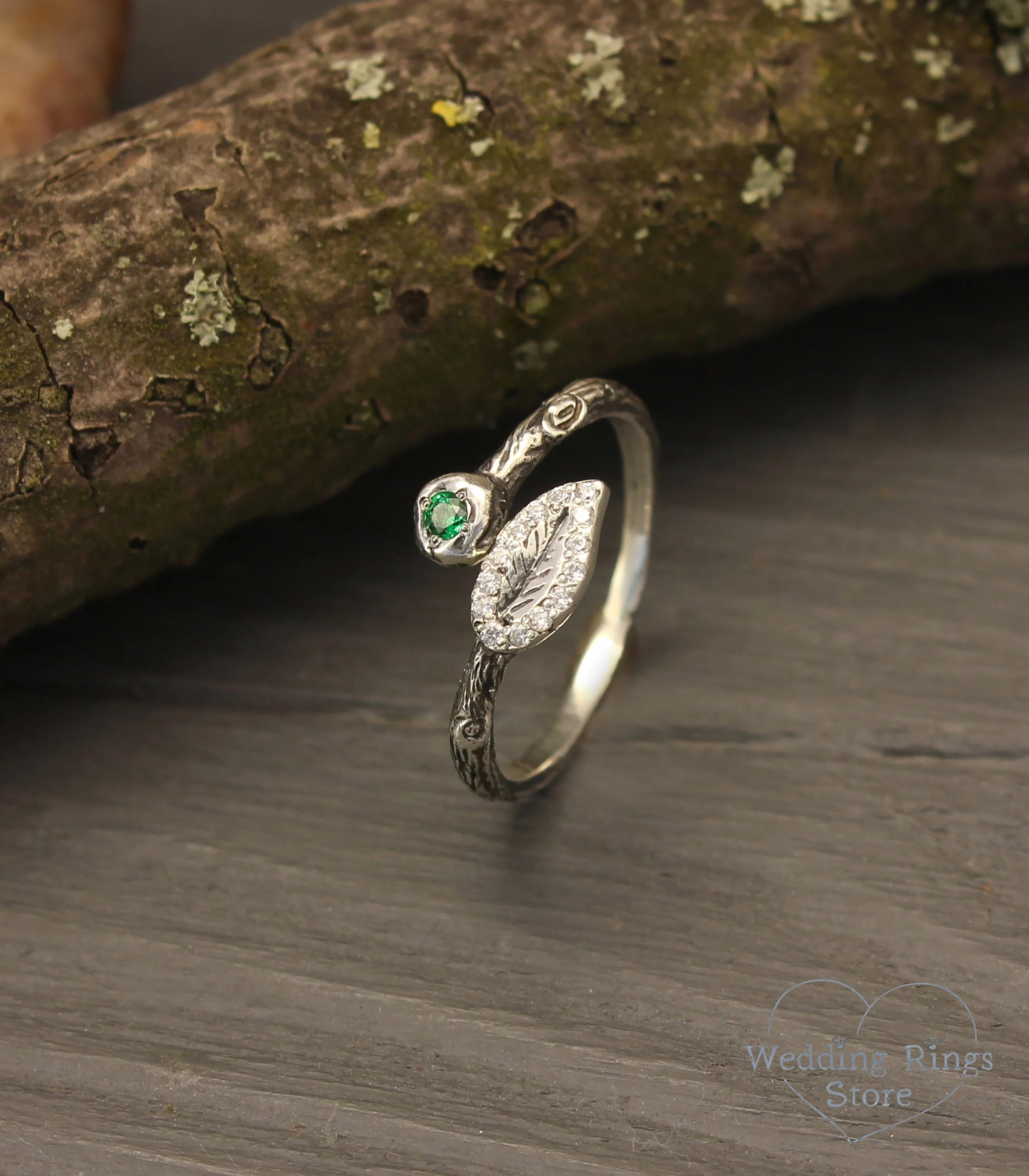 Thin Dainty Silver Twig Wrap Ring with Emerald and Leaf