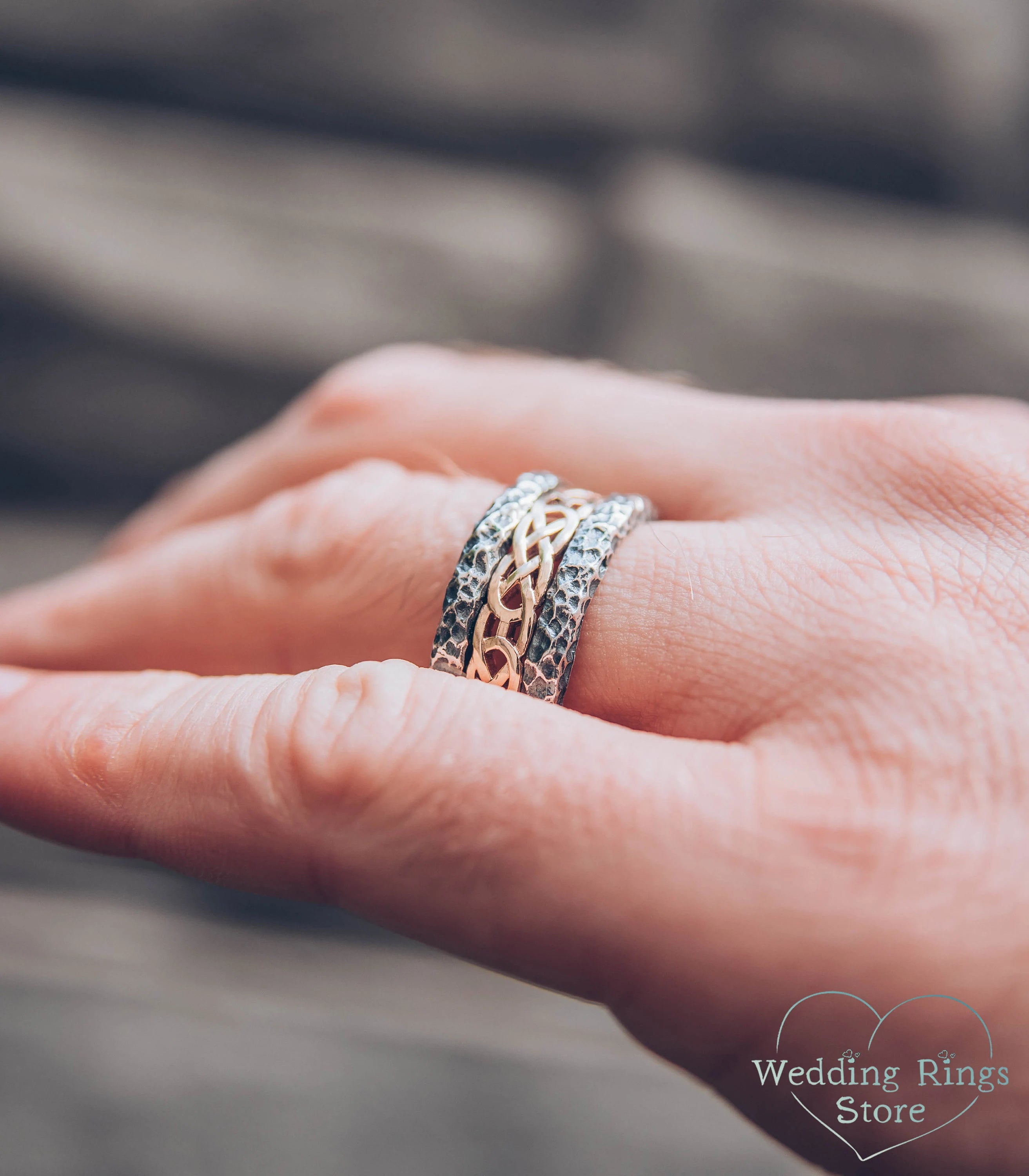 Rocky Hammered durable Silver Band with gold celtic pattern