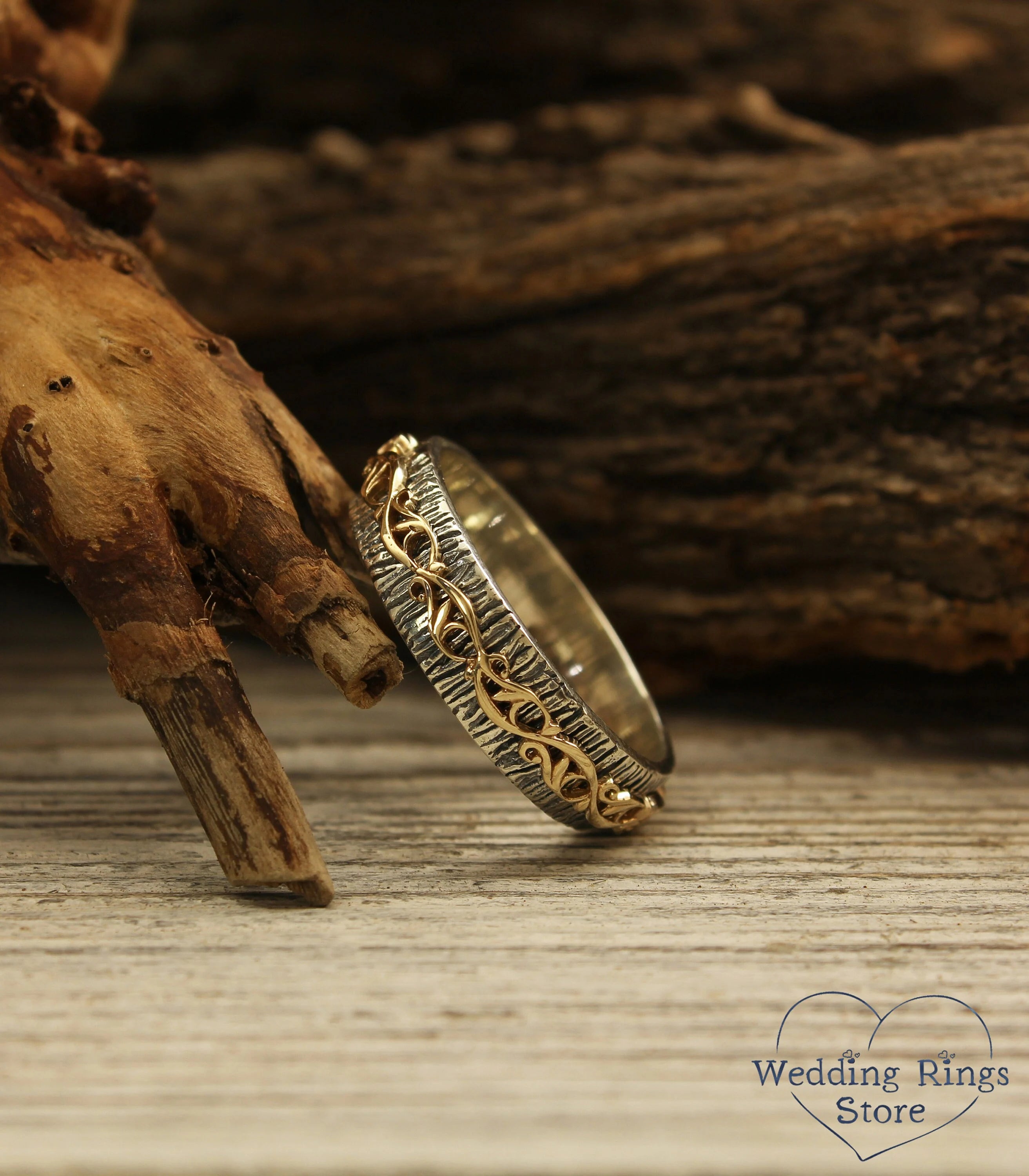 Vintage Gold Plant pattern on a Silver Tree Wedding Band