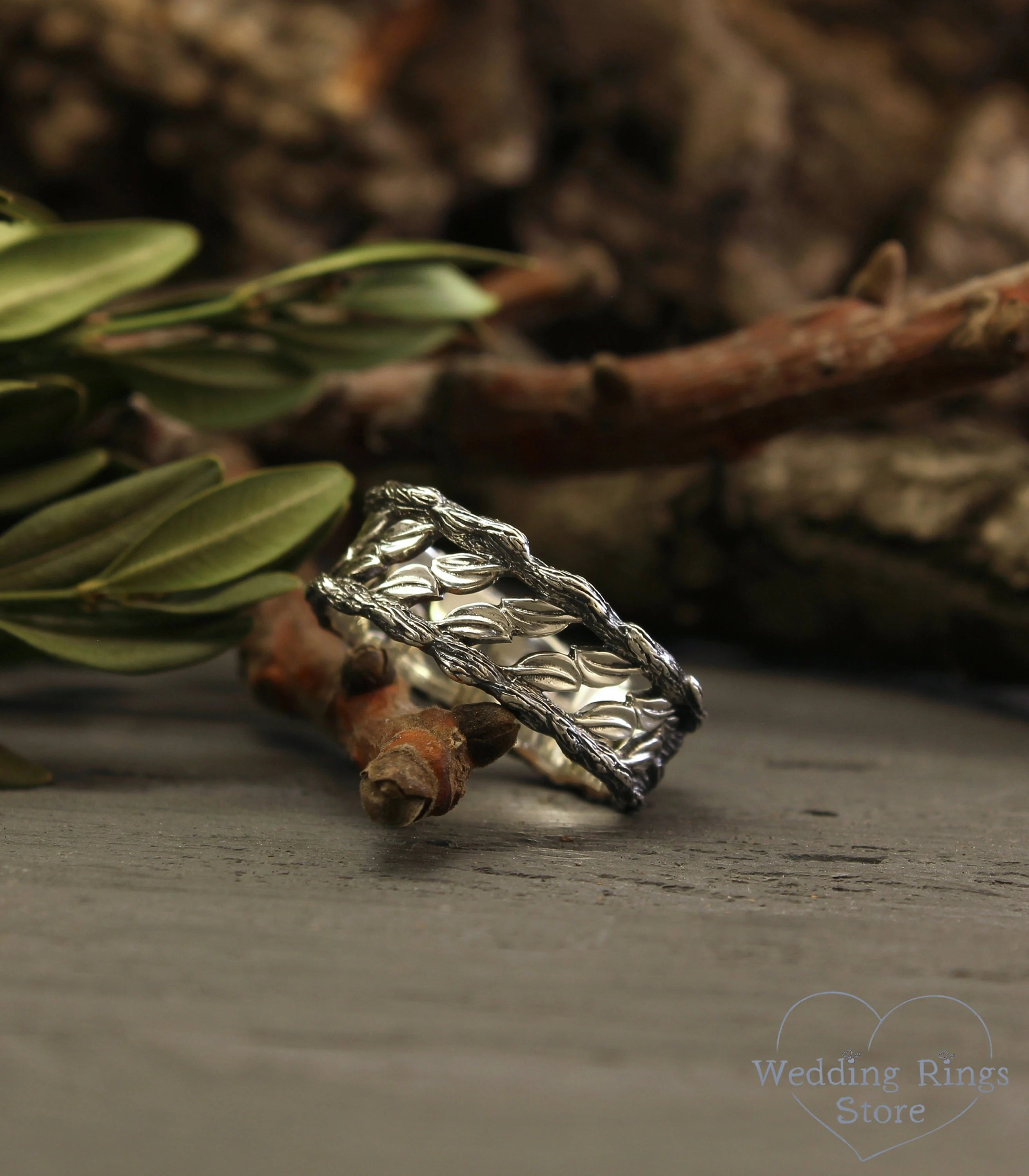 Tree & Leaf Wide Wedding Band for Him Sterling Silver