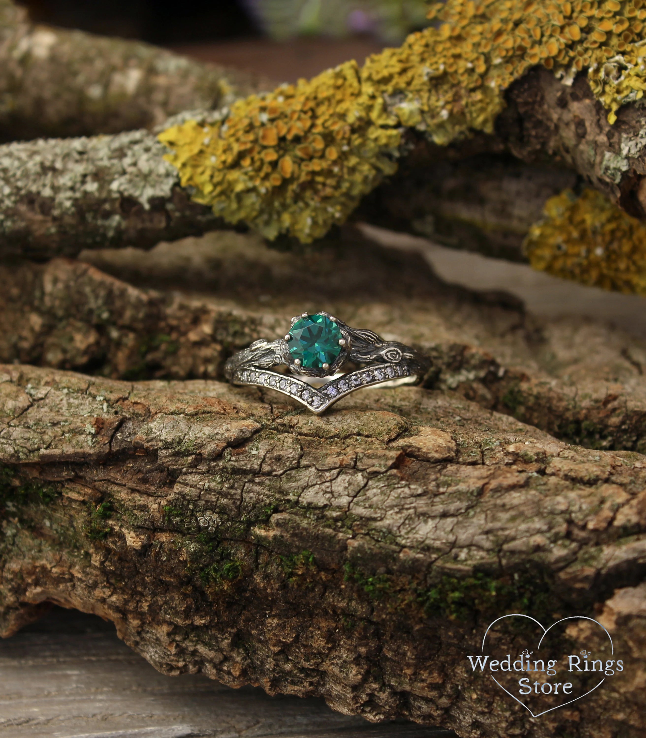 Forest Silver chevron Engagement Ring with Quartz and CZ