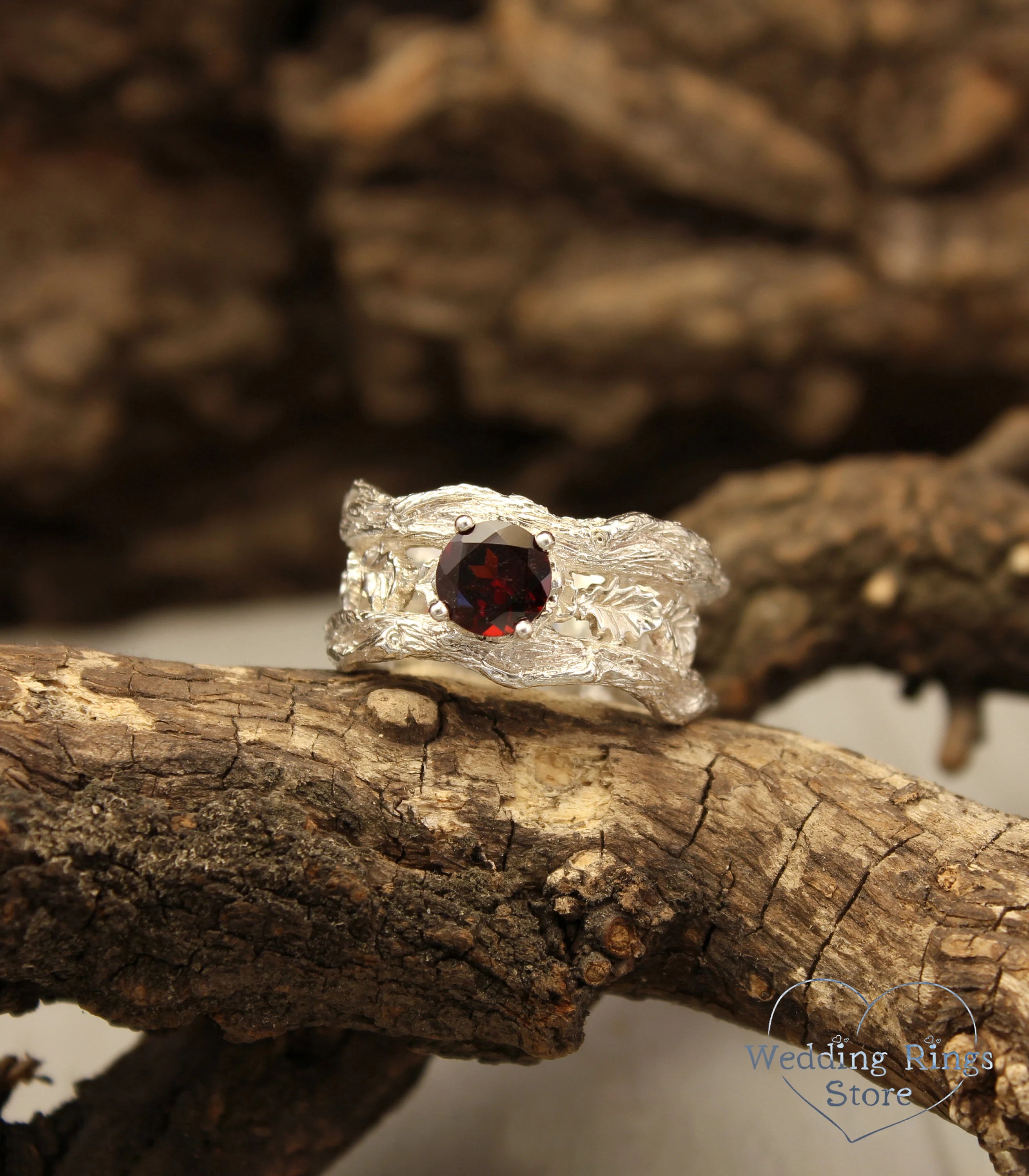 Large Garnet with Branch and Oak Leaves Heavy Wedding Band