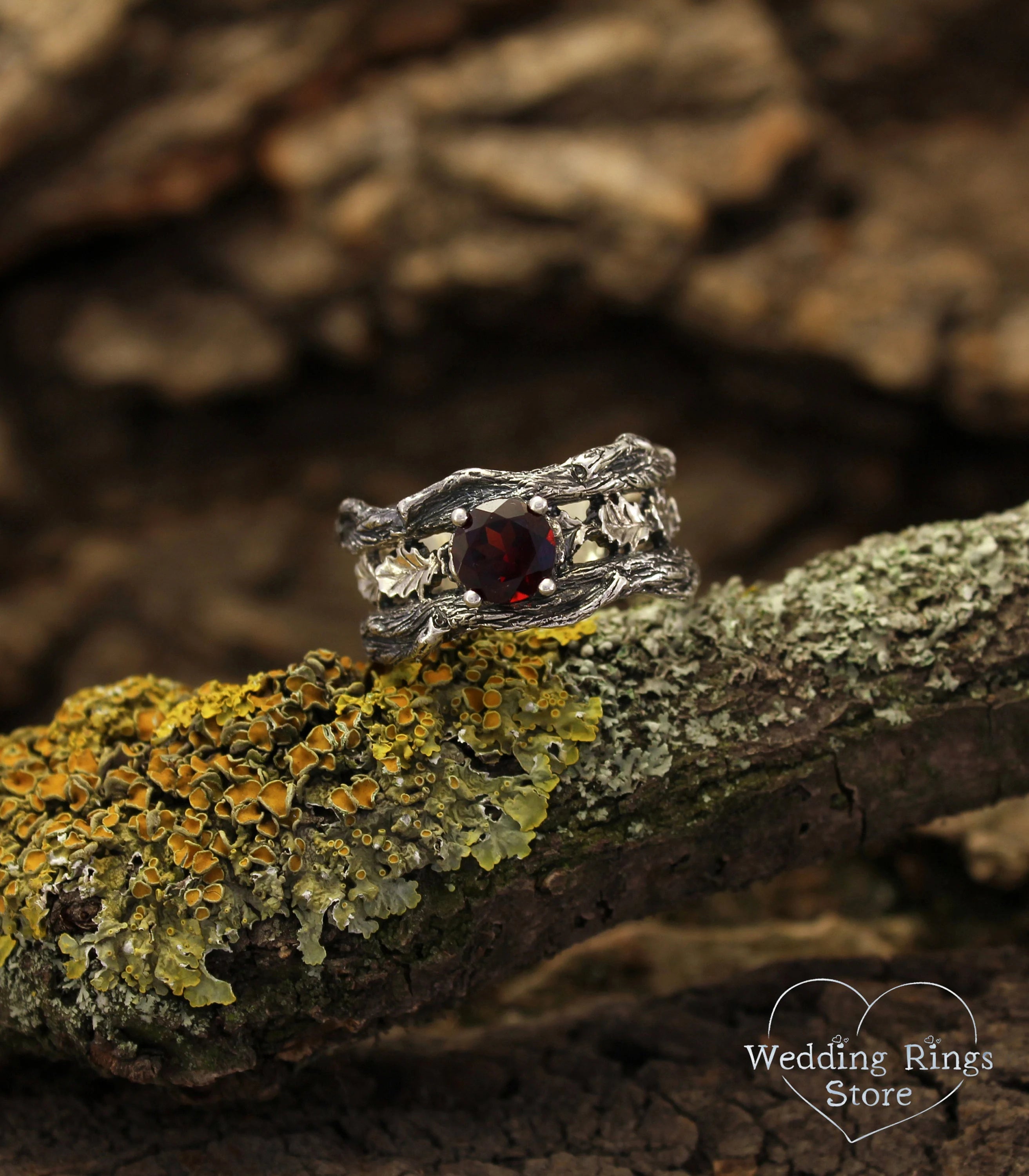 Large Garnet with Branch and Oak Leaves Heavy Wedding Band