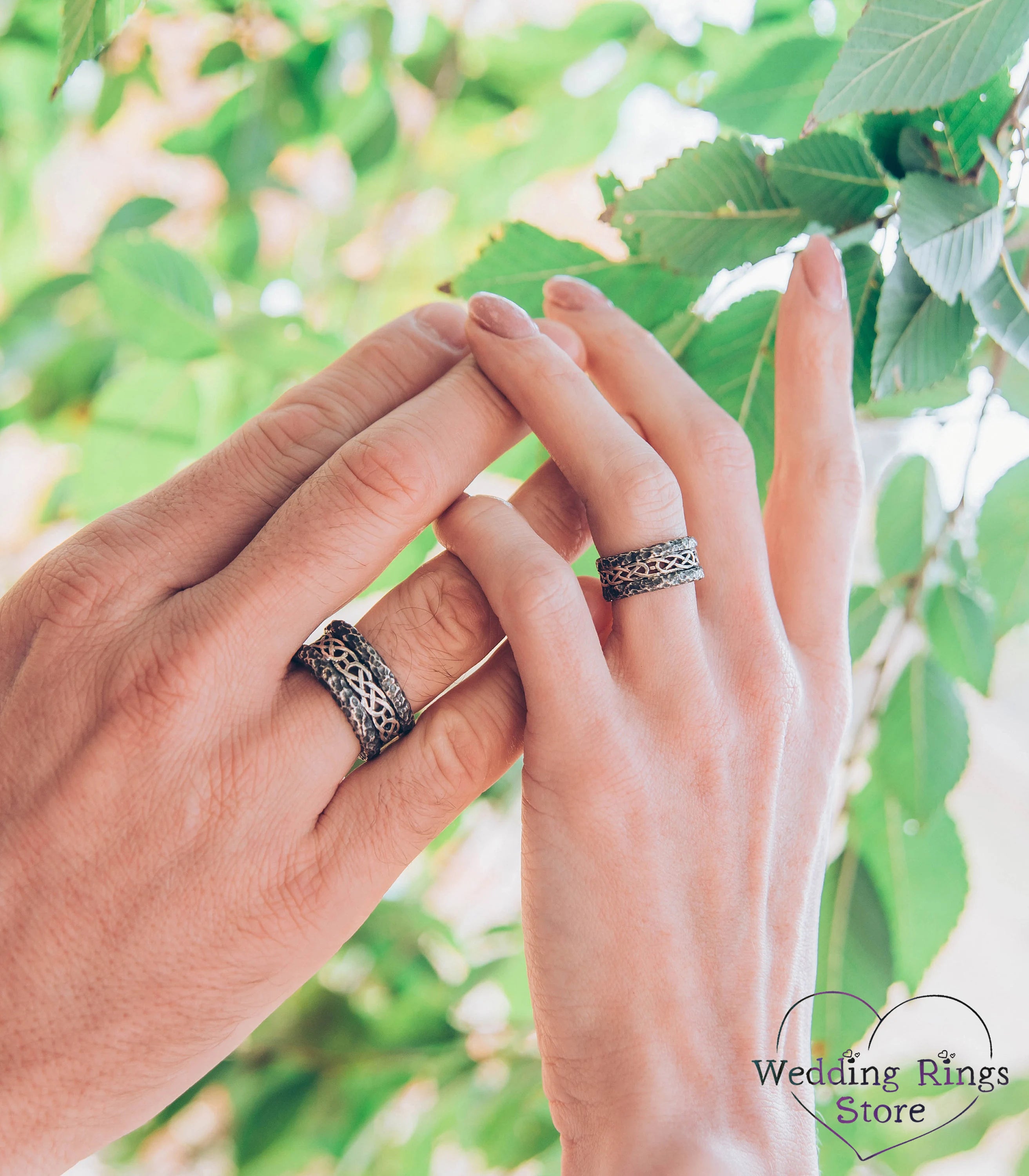 Hammered Matching Celtic Wedding Bands in 925 Silver