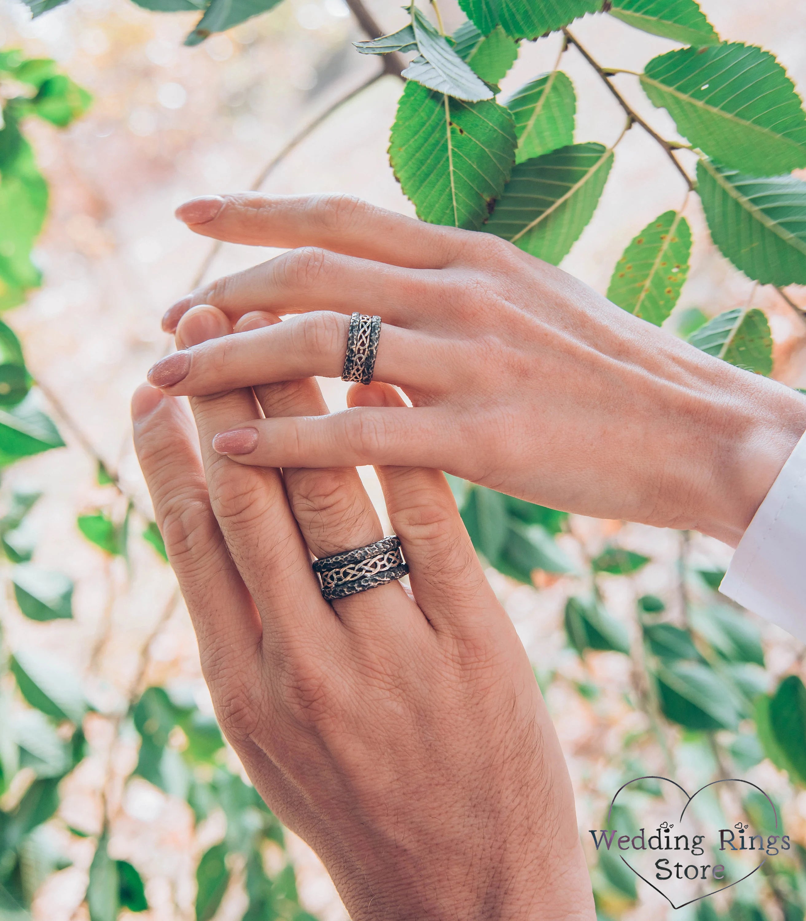 Hammered Matching Celtic Wedding Bands in 925 Silver