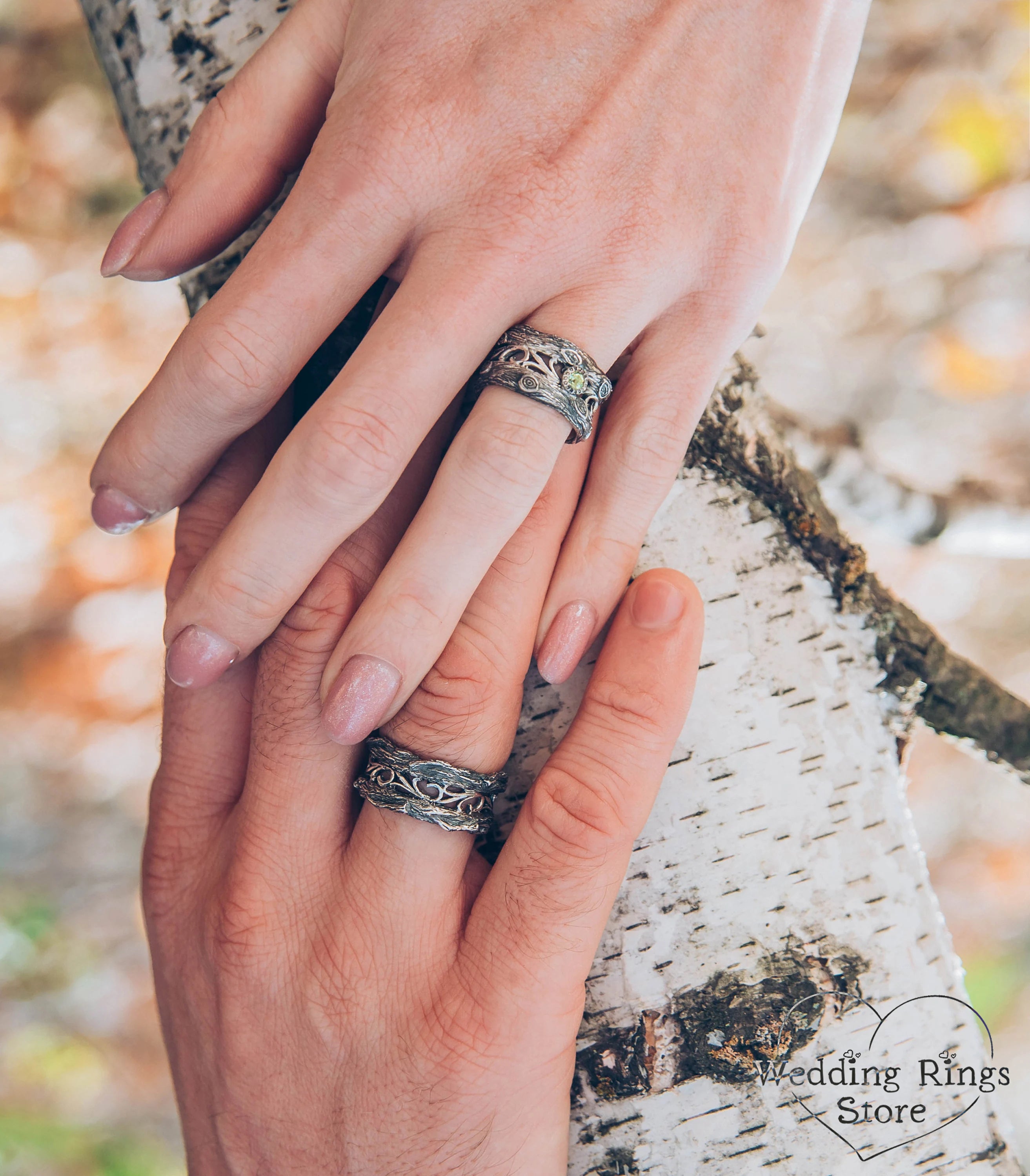 Unusual Forest Tree Silver Wedding Bands Set with Emerald