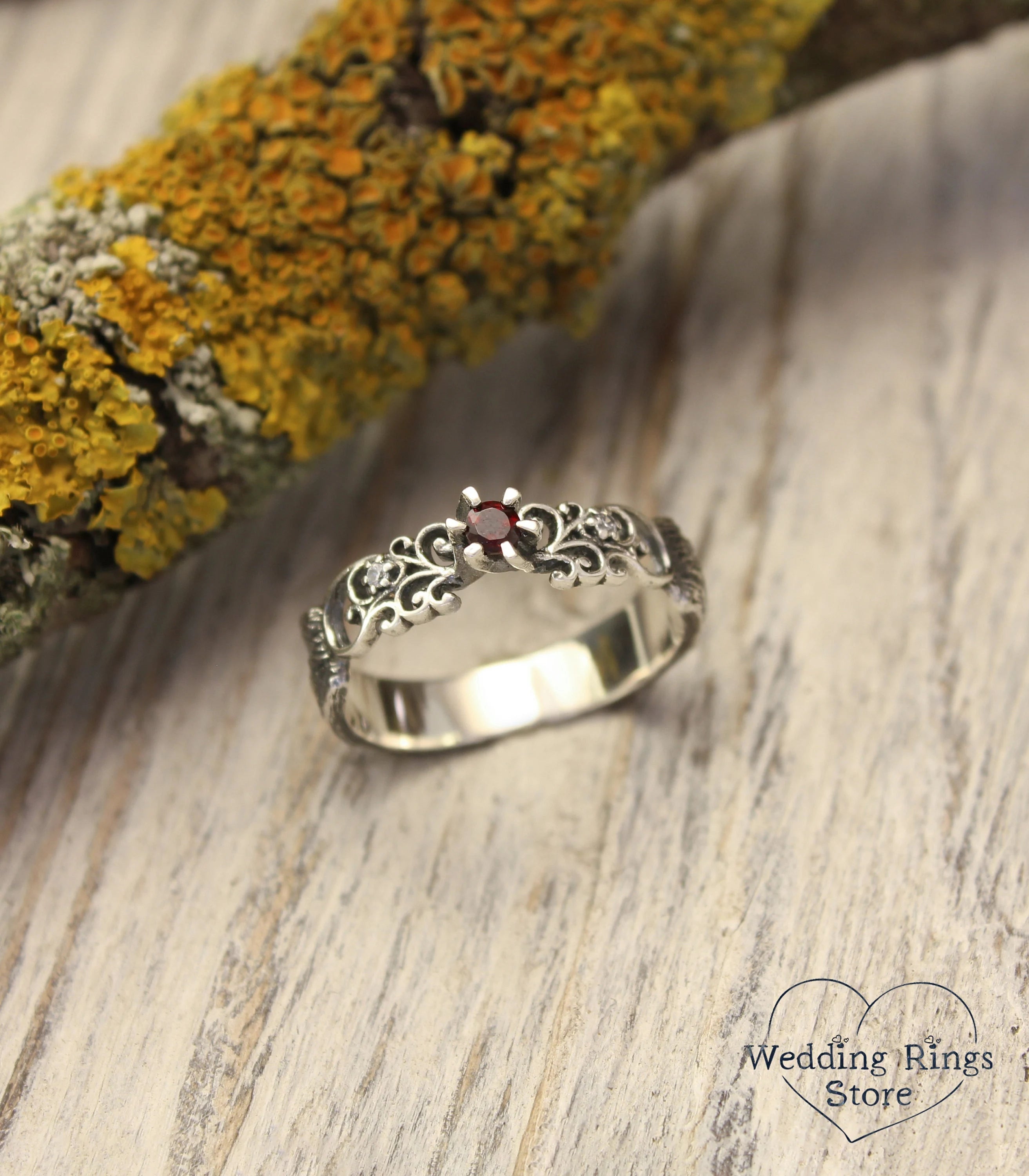 Scrollwork Silver Ring with Natural Garnet — Tree bark and Vine