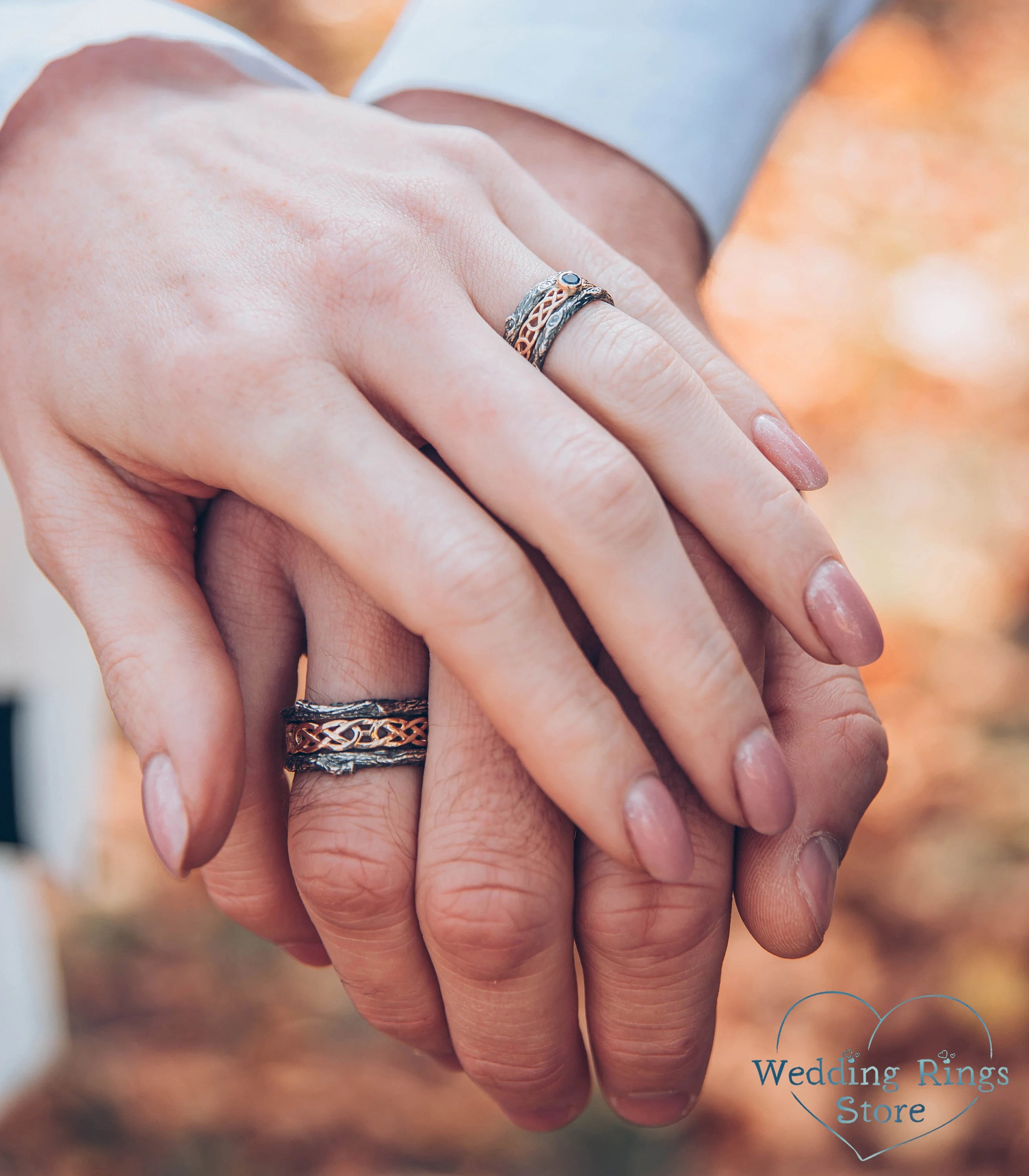 Celtic pattern and Tree bark matching Wedding Bands with Sapphire