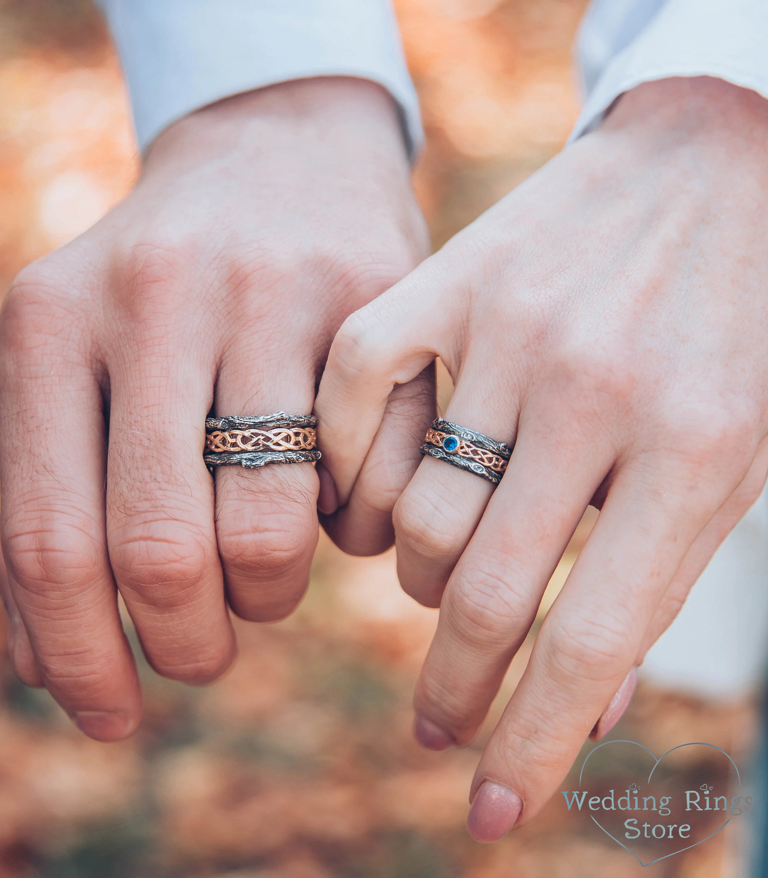 Celtic pattern and Tree bark matching Wedding Bands with Sapphire