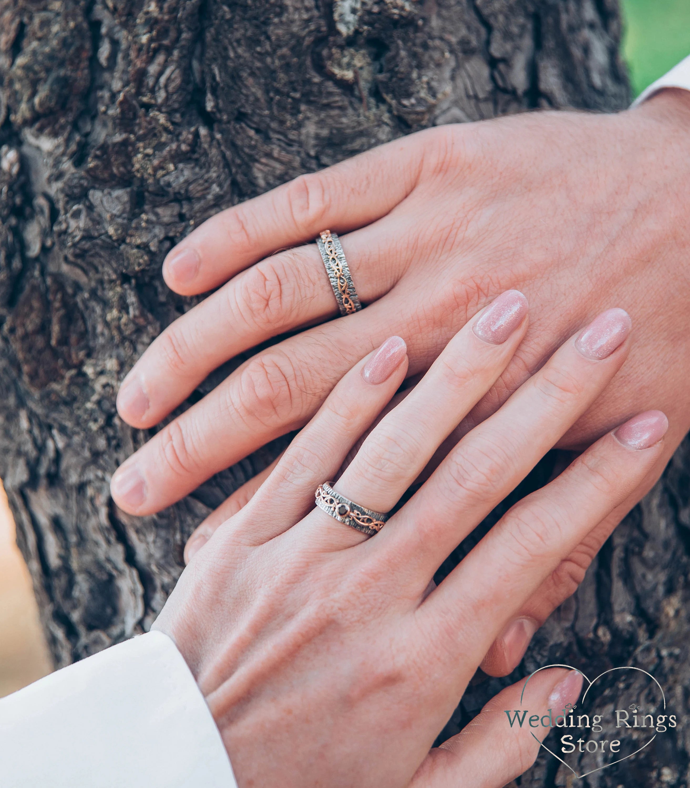 Gold Vine on Silver Woodbark Couple Wedding Bands Set