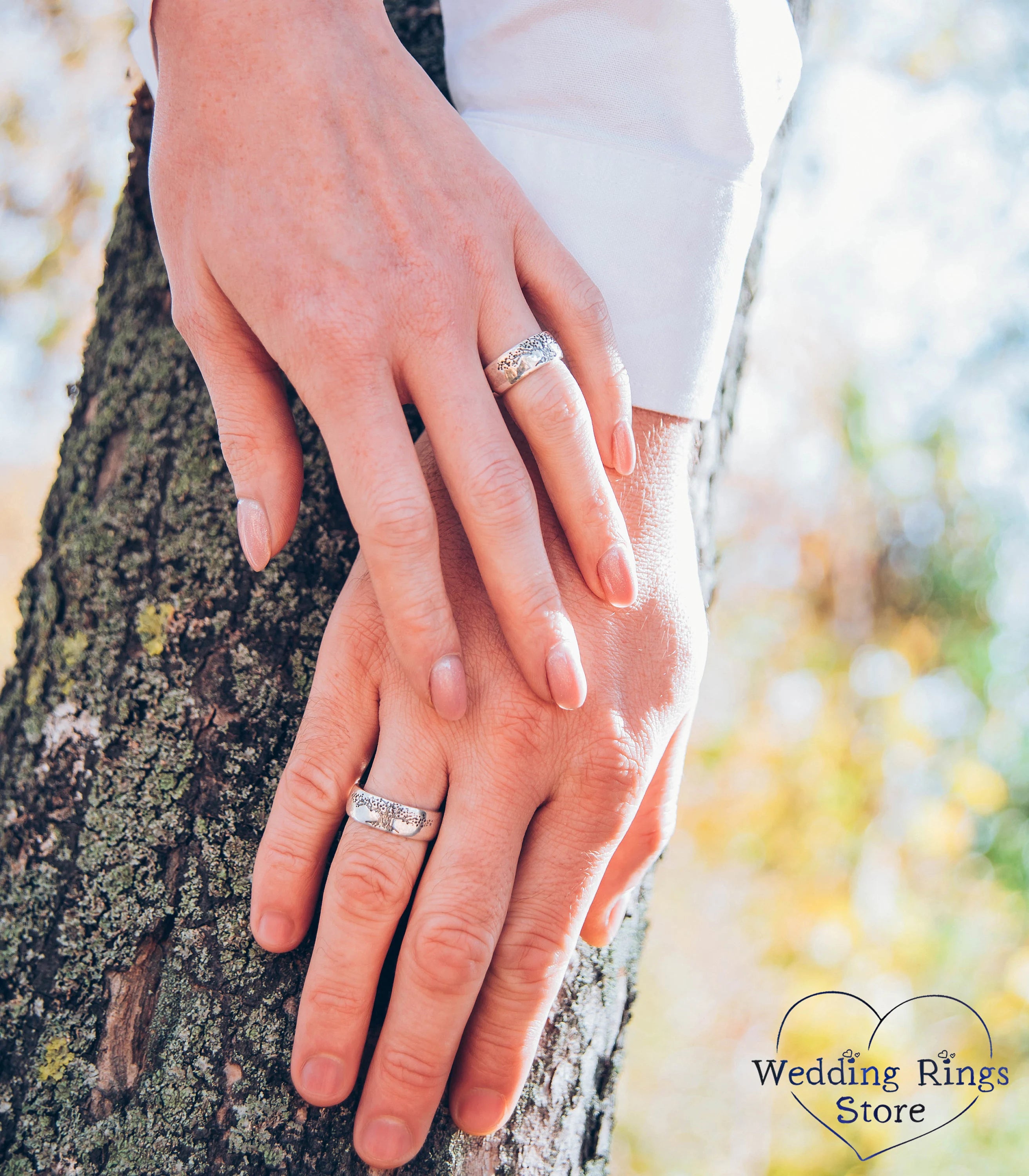 Family Tree Unique Silver Couple Wedding Bands Set